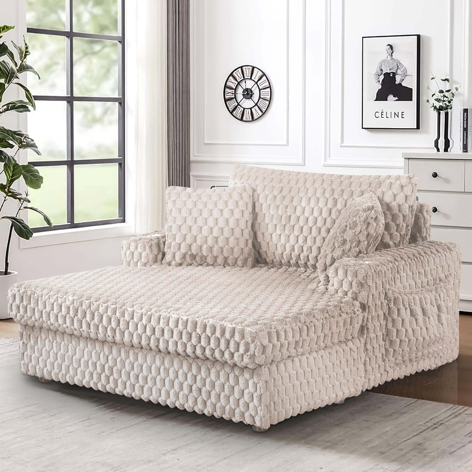 54 Inch Contemporary Indoor Upholstered Chaise Lounge Plush Sleeper Chair with Throw Pillows, 2 Cup Holders and Magazine Bags for Living Room