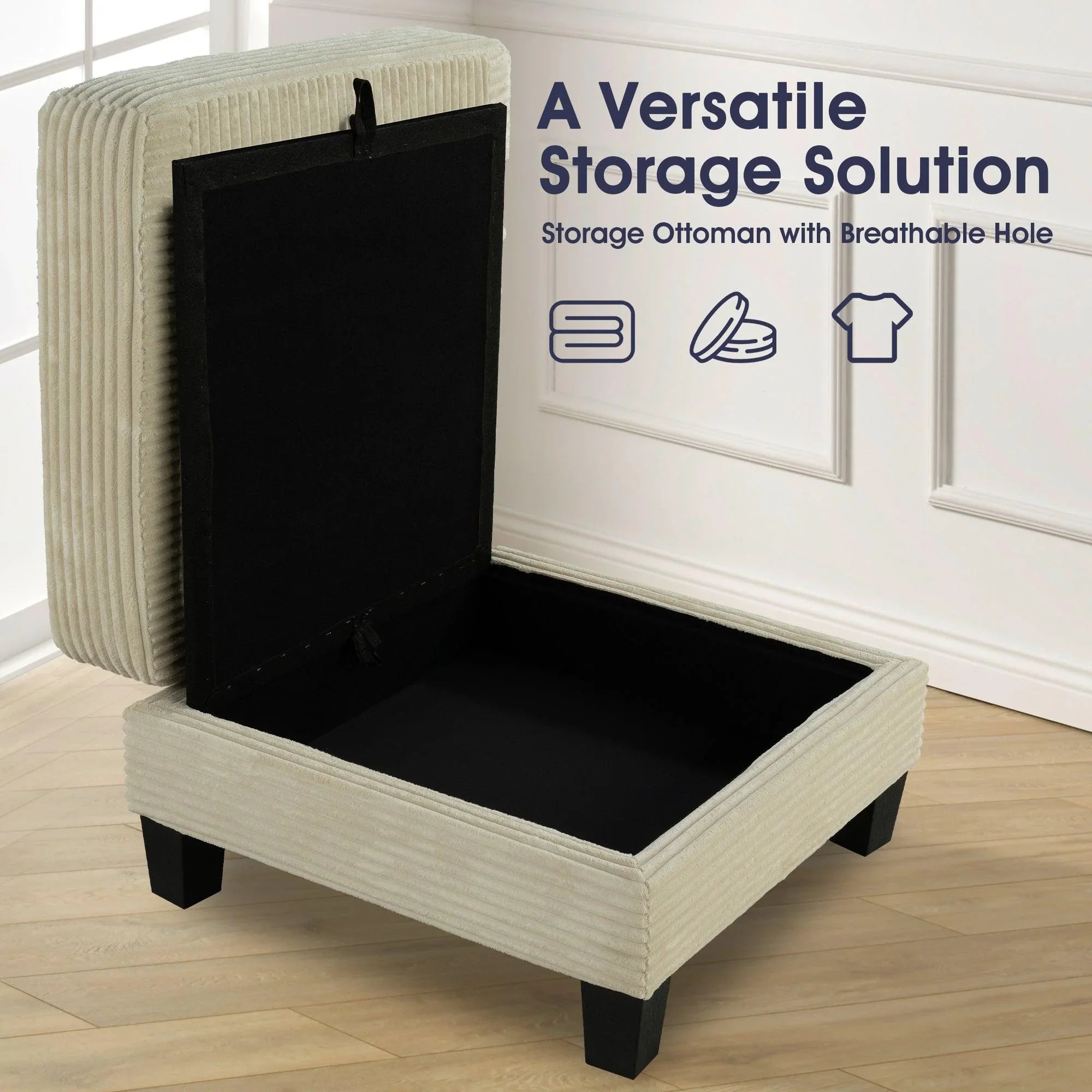 Conjunto de sofá cómodo beige de 3 piezas, sofá de 3 plazas y sofá de dos plazas con otomana de almacenamiento para sala de estar con USB, bolsillos laterales y almohadas incluidas.