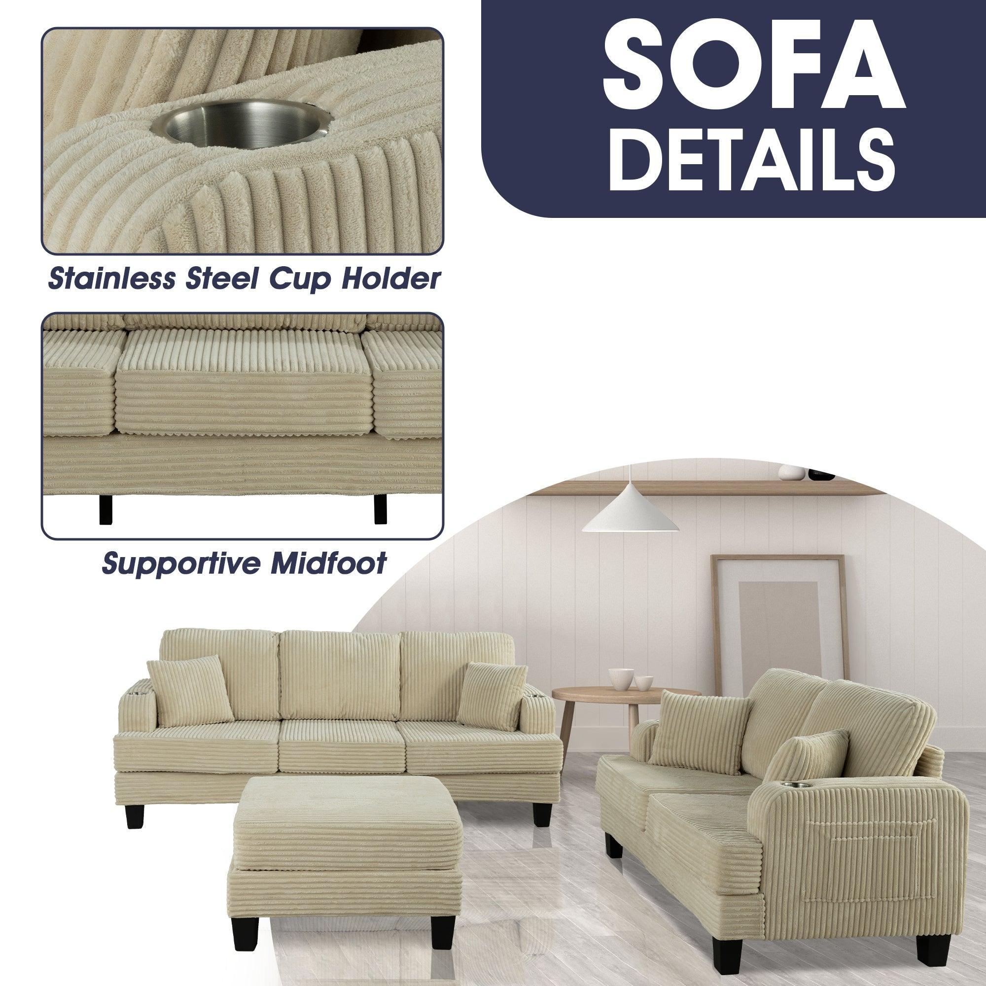 Conjunto de sofá cómodo beige de 3 piezas, sofá de 3 plazas y sofá de dos plazas con otomana de almacenamiento para sala de estar con USB, bolsillos laterales y almohadas incluidas.
