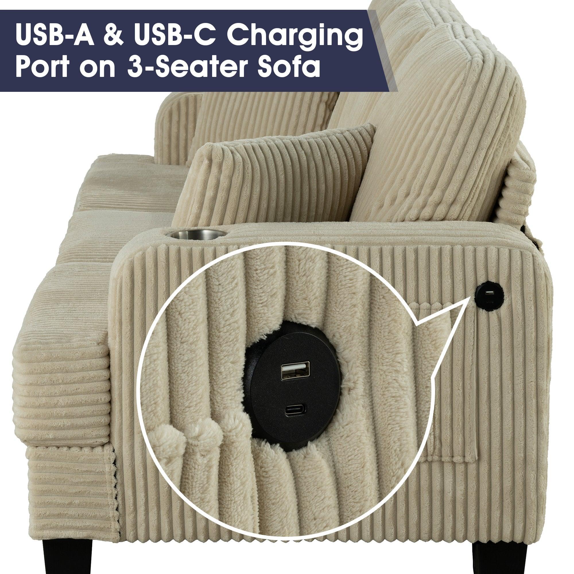 Conjunto de sofá cómodo beige de 3 piezas, sofá de 3 plazas y sofá de dos plazas con otomana de almacenamiento para sala de estar con USB, bolsillos laterales y almohadas incluidas.