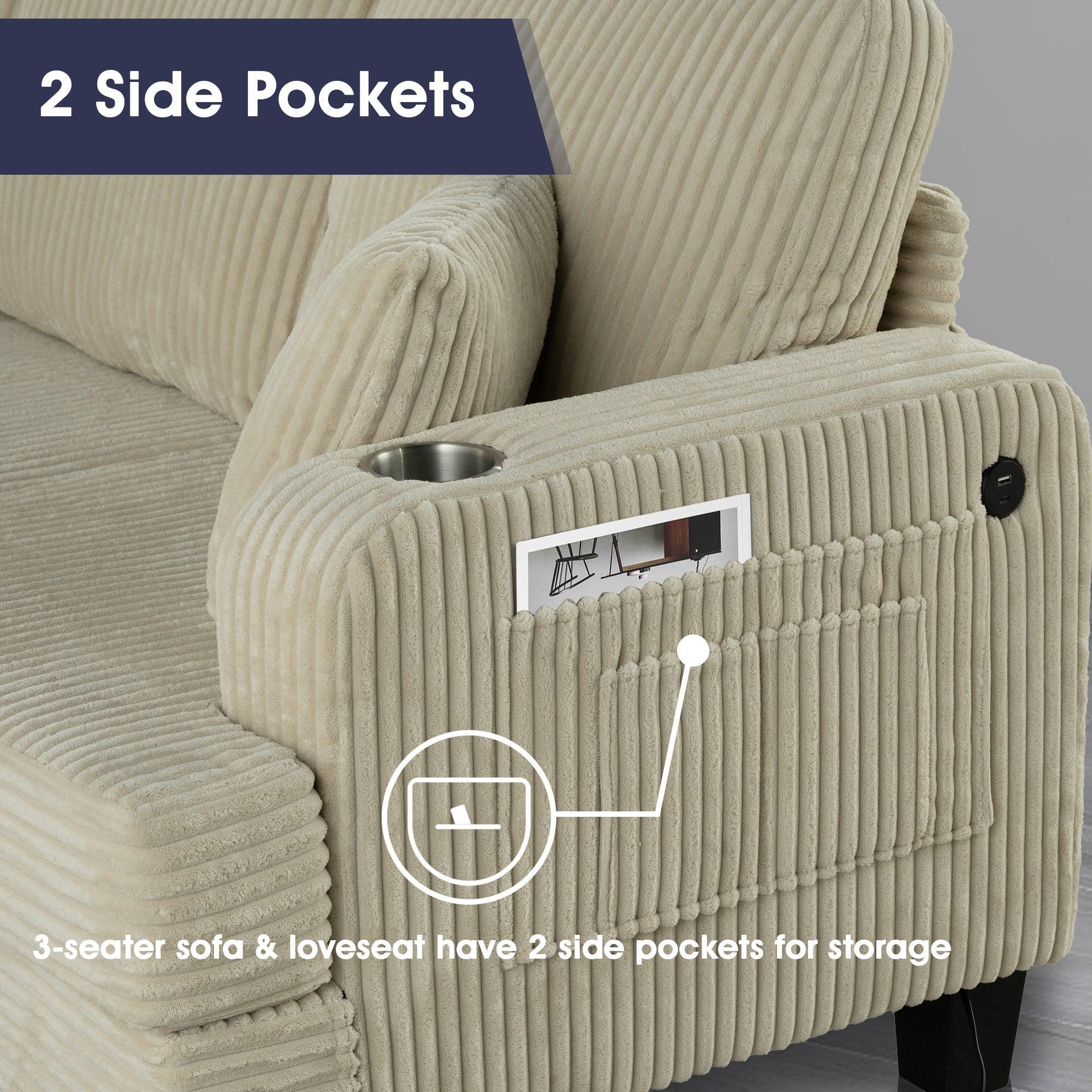 Conjunto de sofá cómodo beige de 3 piezas, sofá de 3 plazas y sofá de dos plazas con otomana de almacenamiento para sala de estar con USB, bolsillos laterales y almohadas incluidas.