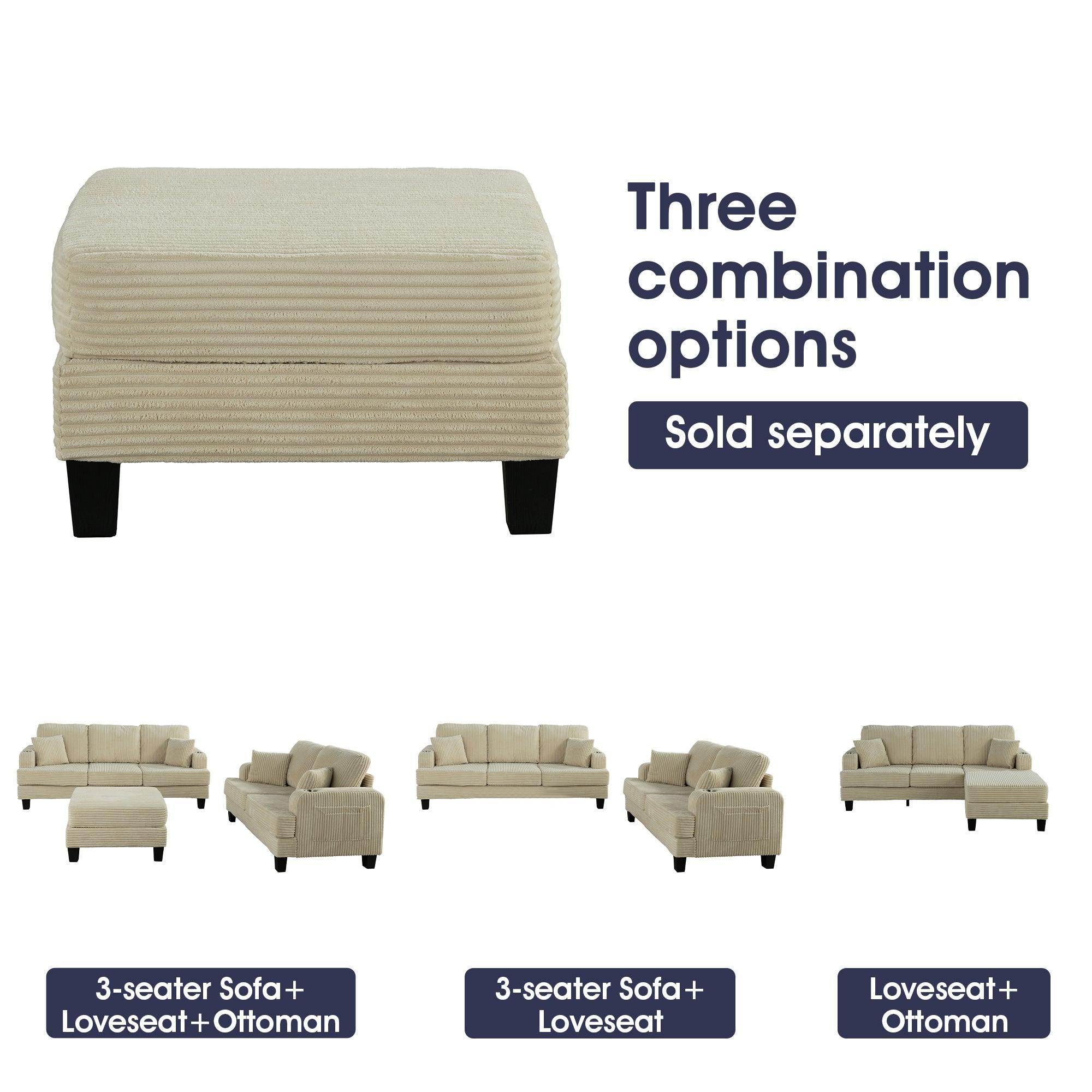 Conjunto de sofá cómodo beige de 3 piezas, sofá de 3 plazas y sofá de dos plazas con otomana de almacenamiento para sala de estar con USB, bolsillos laterales y almohadas incluidas.