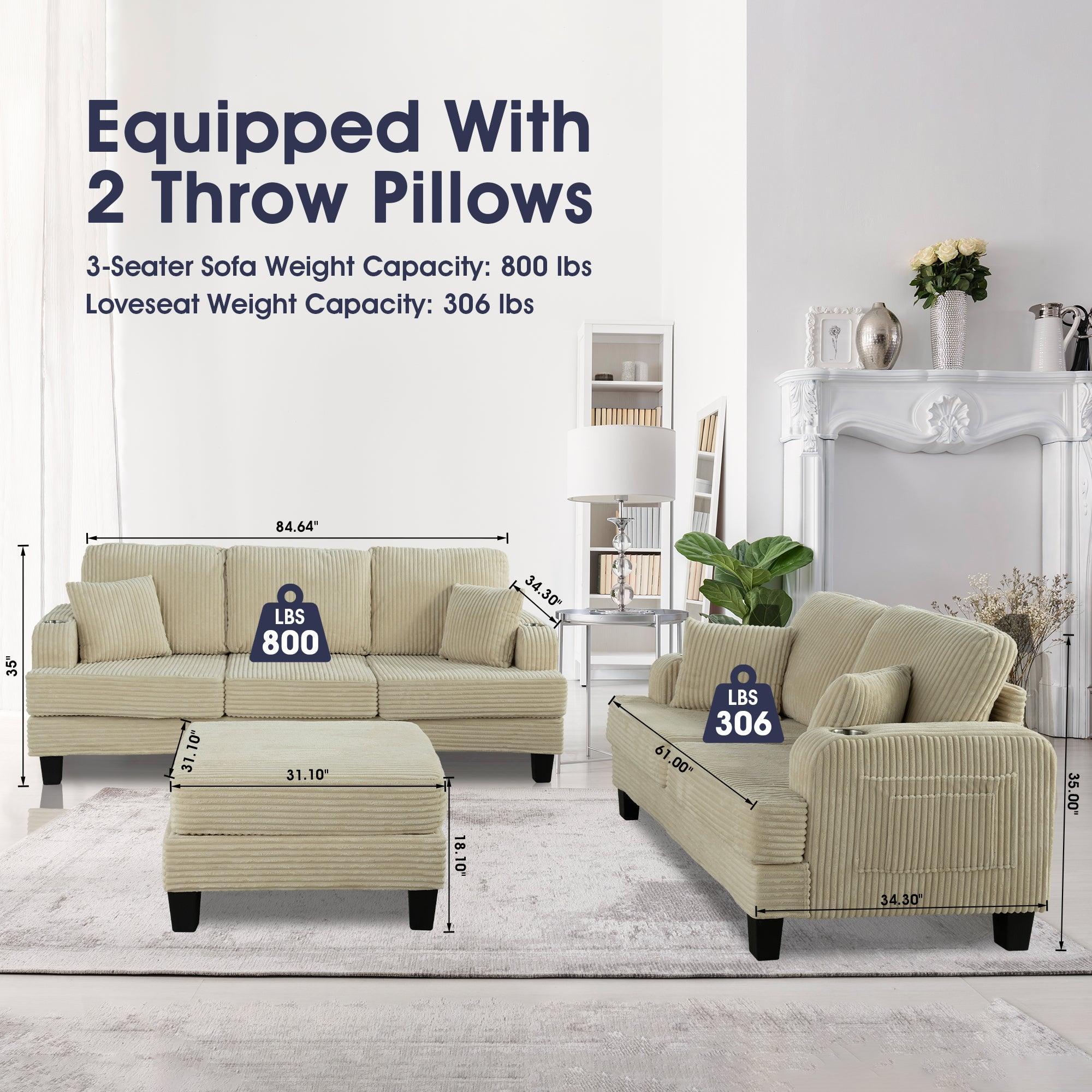 Conjunto de sofá cómodo beige de 3 piezas, sofá de 3 plazas y sofá de dos plazas con otomana de almacenamiento para sala de estar con USB, bolsillos laterales y almohadas incluidas.