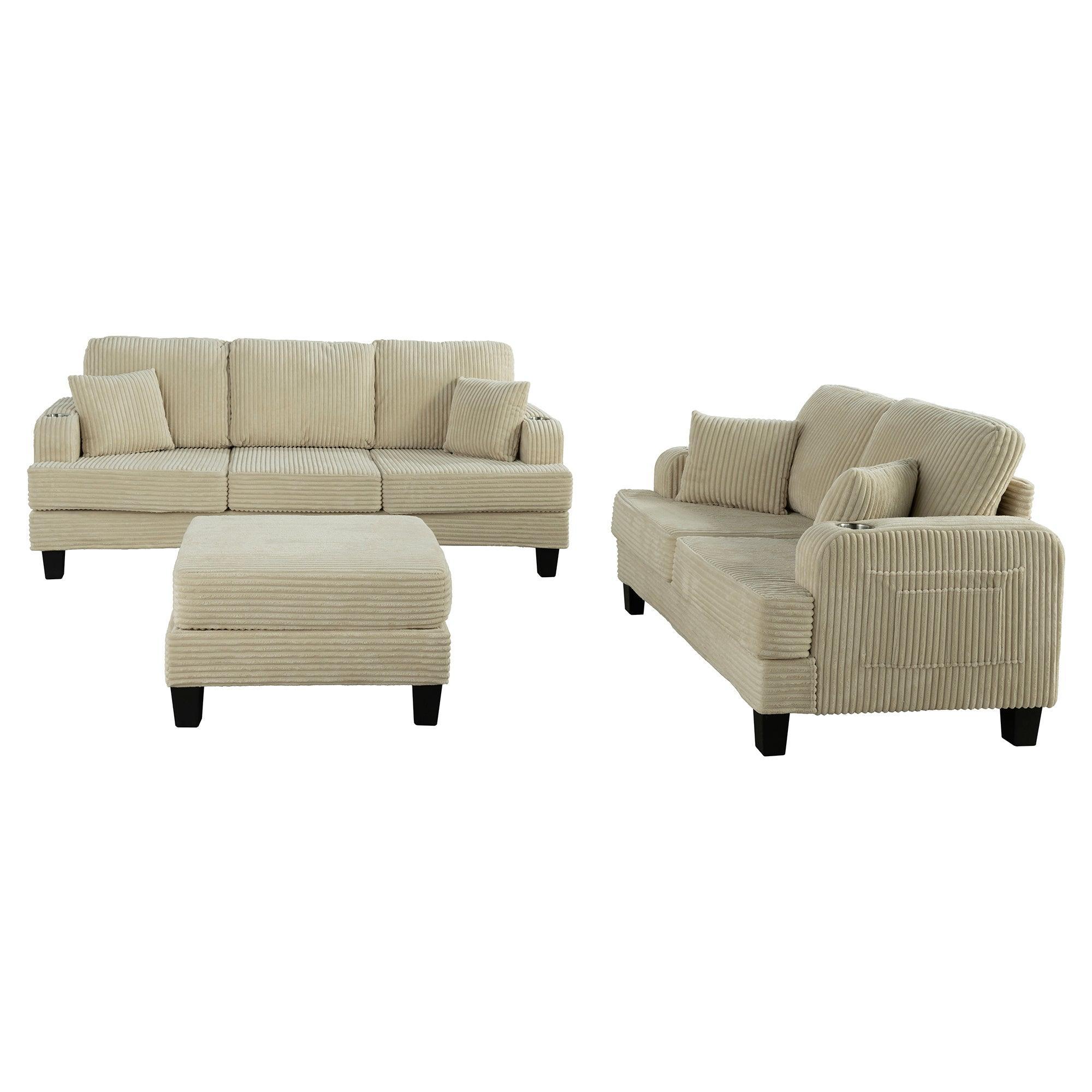 Conjunto de sofá cómodo beige de 3 piezas, sofá de 3 plazas y sofá de dos plazas con otomana de almacenamiento para sala de estar con USB, bolsillos laterales y almohadas incluidas.