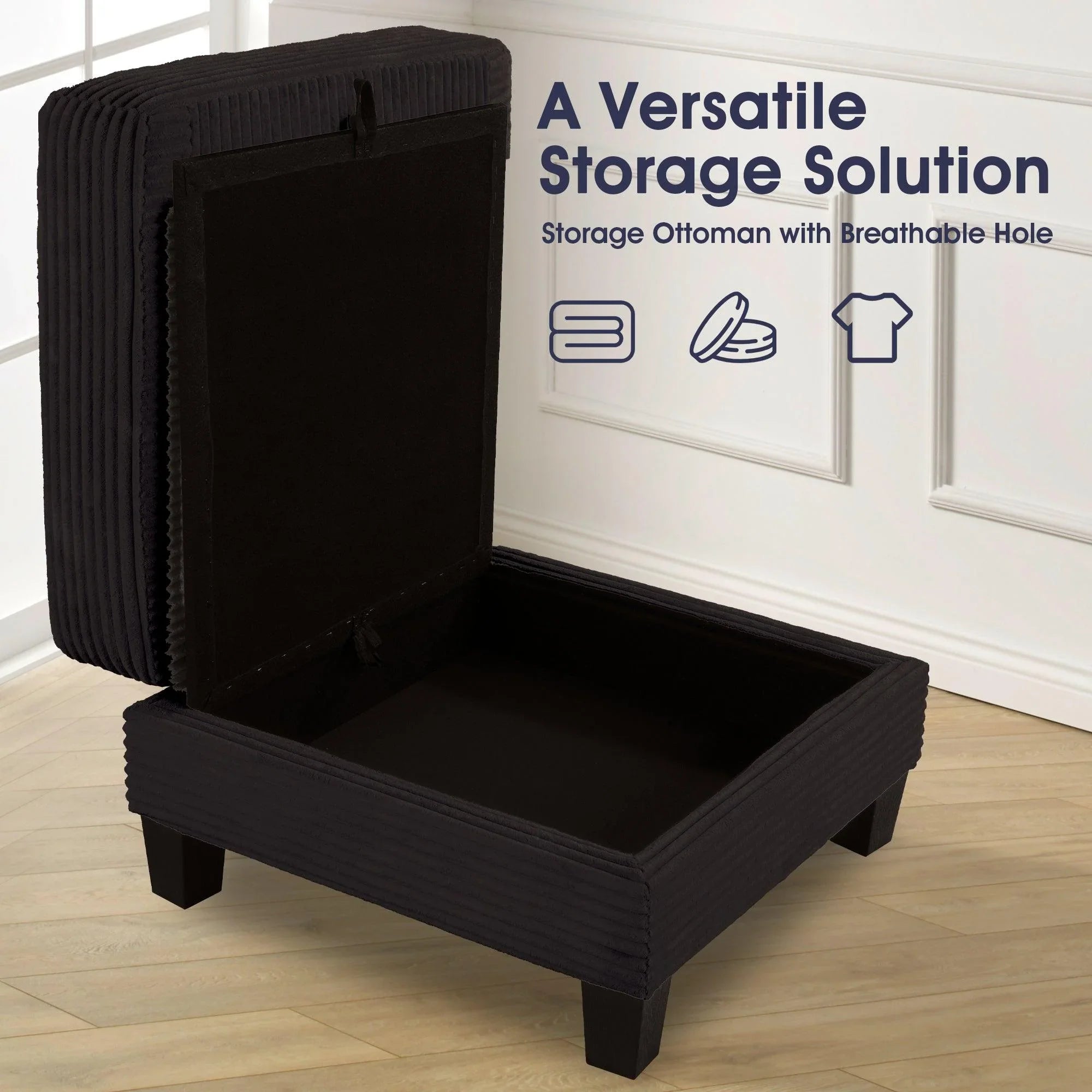 Conjunto de sofá cómodo de 3 piezas, color negro, de 3 plazas y loveseat, con otomana de almacenamiento para sala de estar, con USB, bolsillos laterales y almohadas incluidas.