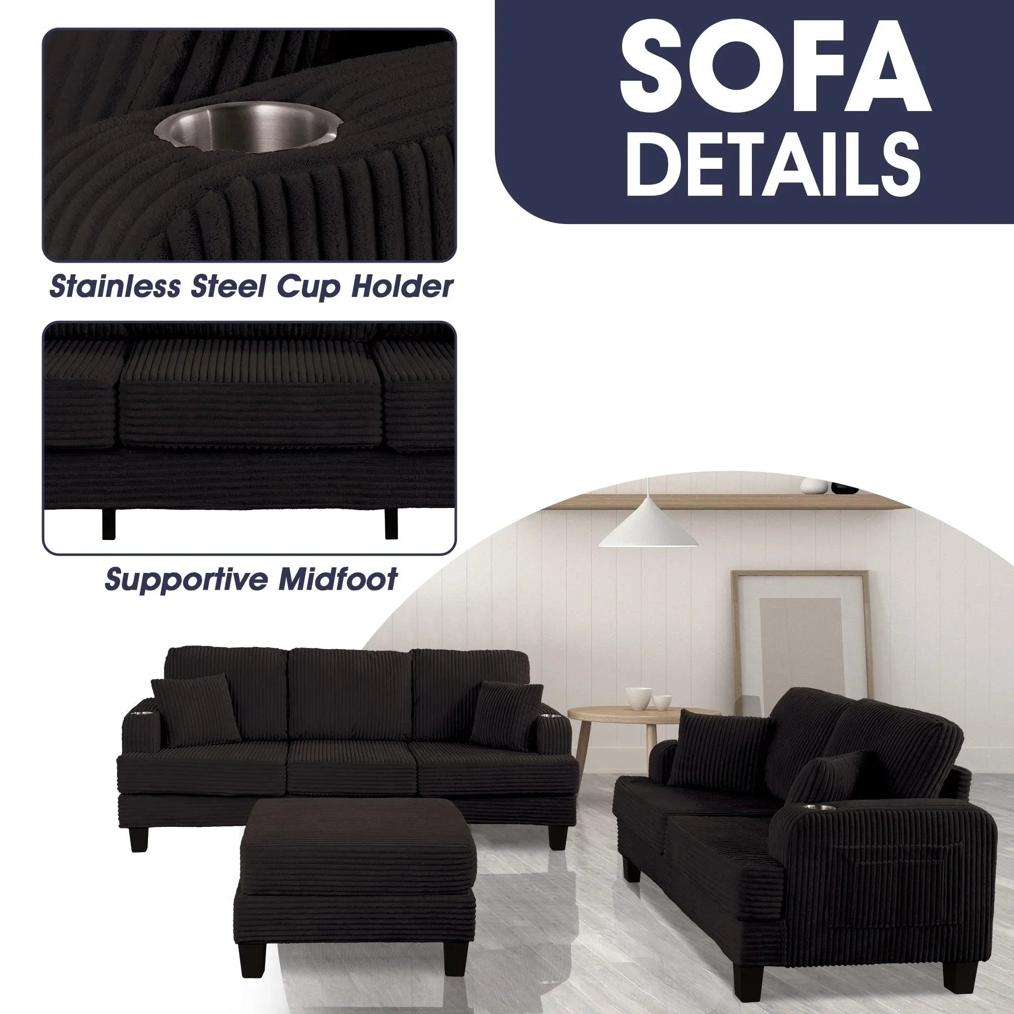 Conjunto de sofá cómodo de 3 piezas, color negro, de 3 plazas y loveseat, con otomana de almacenamiento para sala de estar, con USB, bolsillos laterales y almohadas incluidas.