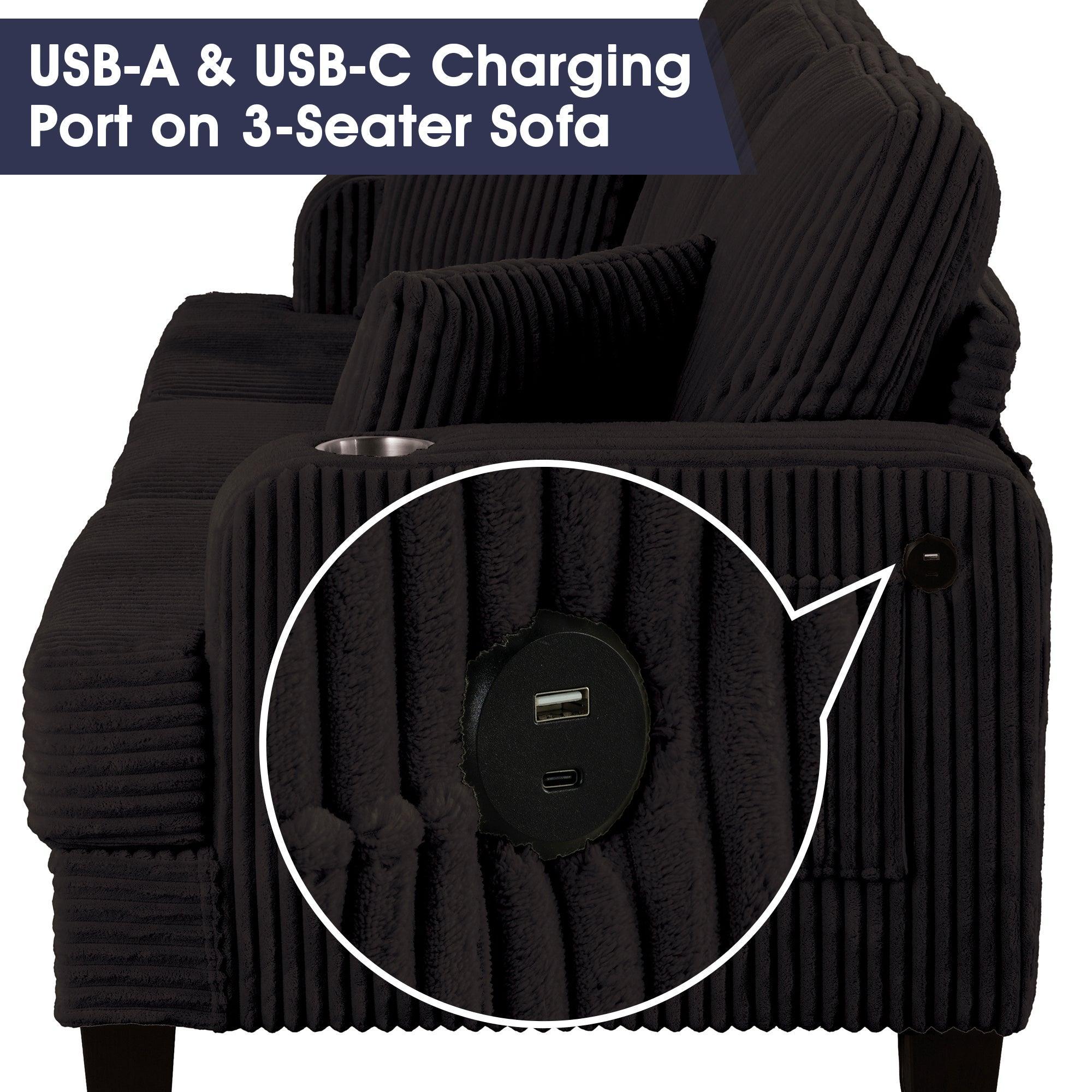 Conjunto de sofá cómodo de 3 piezas, color negro, de 3 plazas y loveseat, con otomana de almacenamiento para sala de estar, con USB, bolsillos laterales y almohadas incluidas.