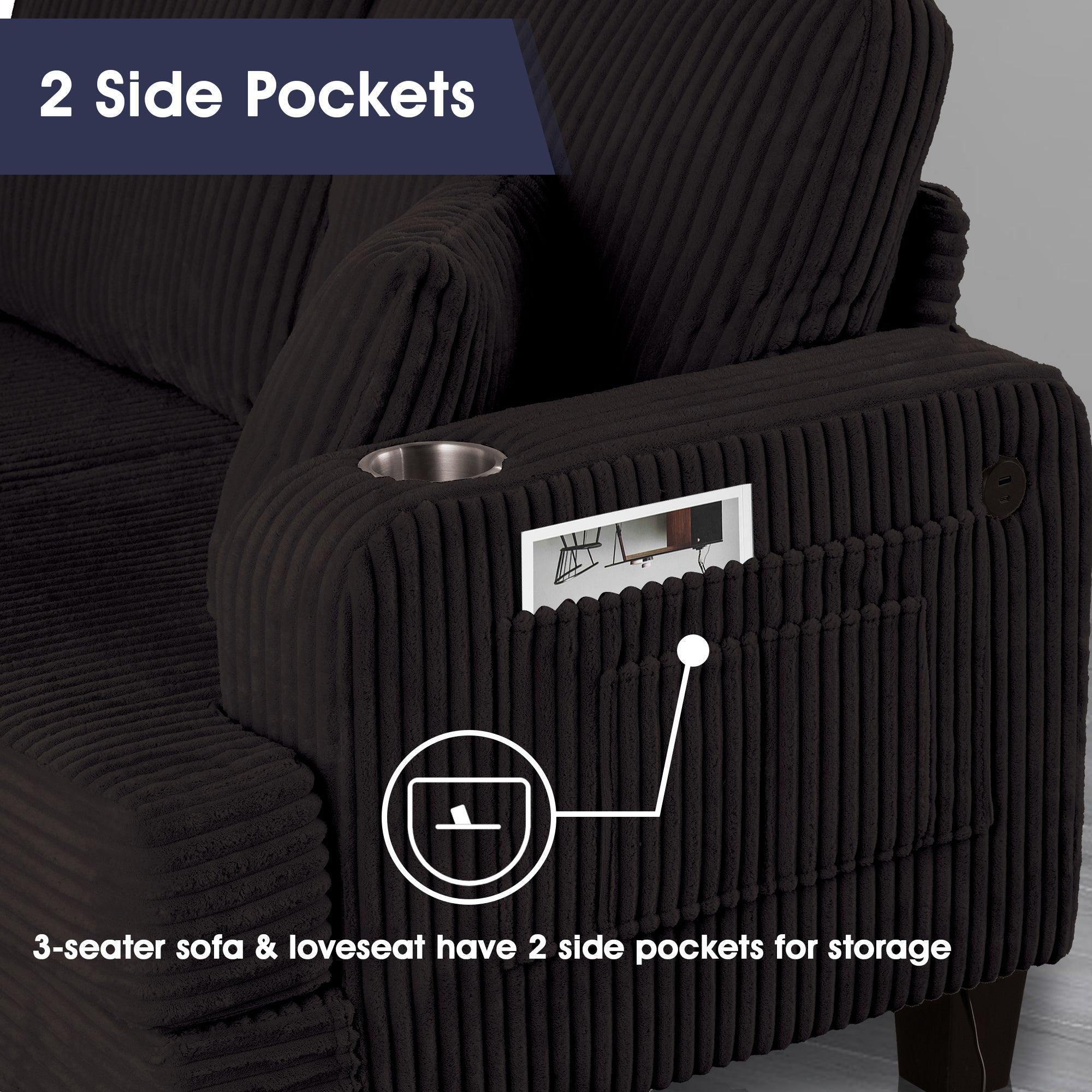 Conjunto de sofá cómodo de 3 piezas, color negro, de 3 plazas y loveseat, con otomana de almacenamiento para sala de estar, con USB, bolsillos laterales y almohadas incluidas.