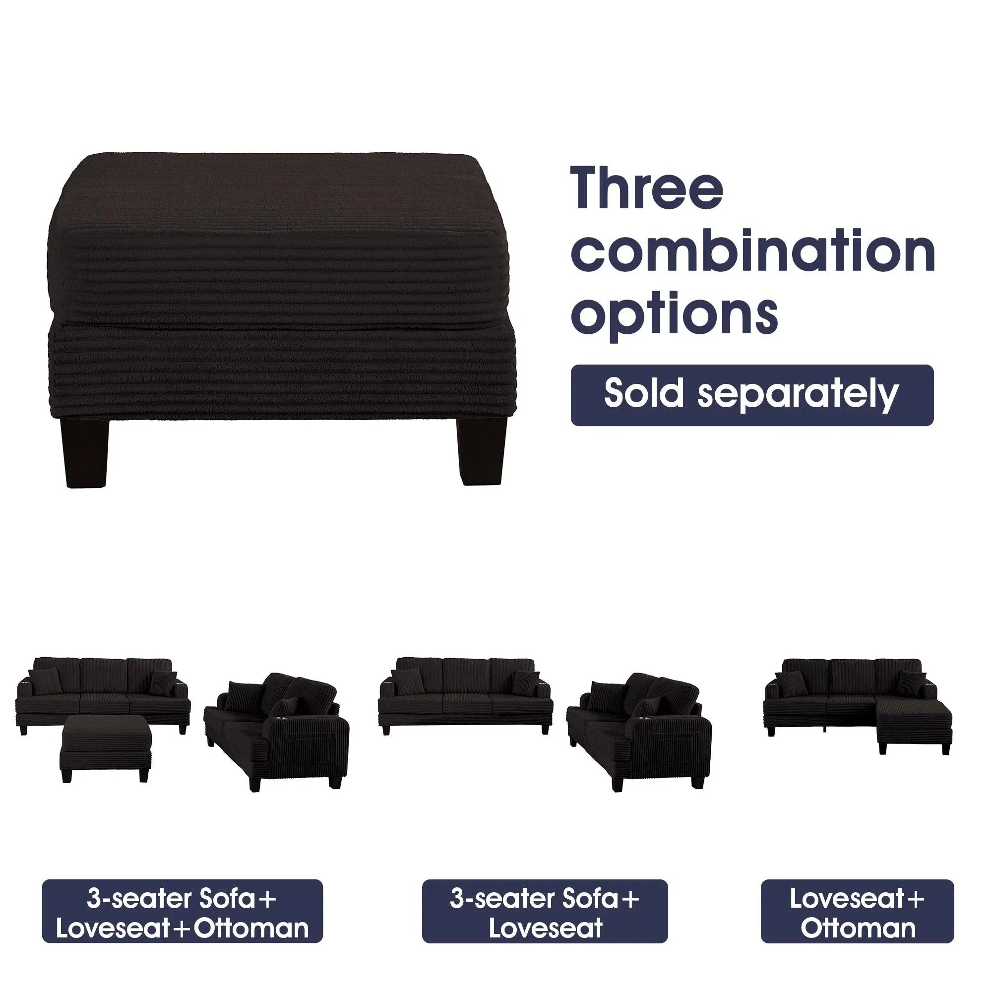 Conjunto de sofá cómodo de 3 piezas, color negro, de 3 plazas y loveseat, con otomana de almacenamiento para sala de estar, con USB, bolsillos laterales y almohadas incluidas.