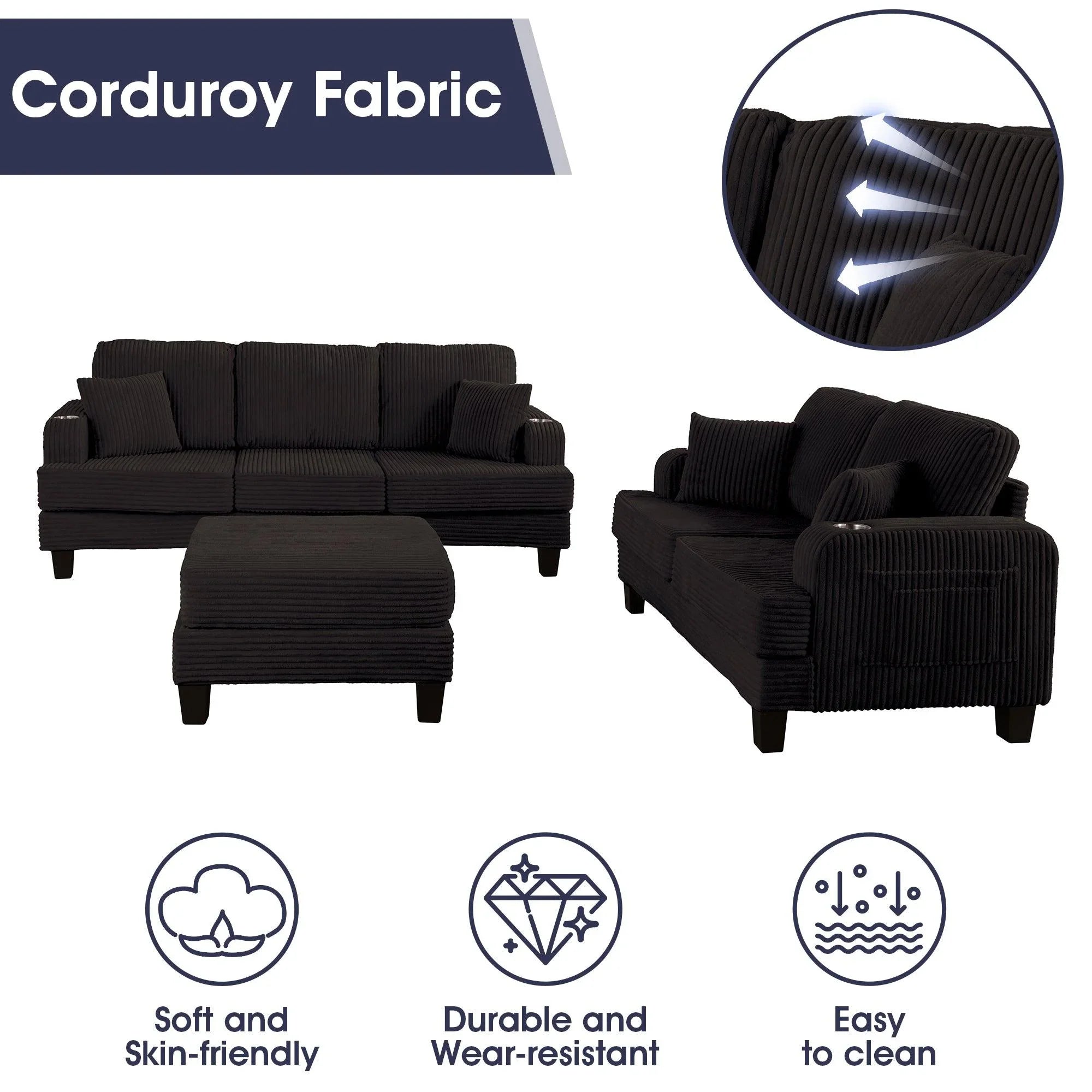 Conjunto de sofá cómodo de 3 piezas, color negro, de 3 plazas y loveseat, con otomana de almacenamiento para sala de estar, con USB, bolsillos laterales y almohadas incluidas.