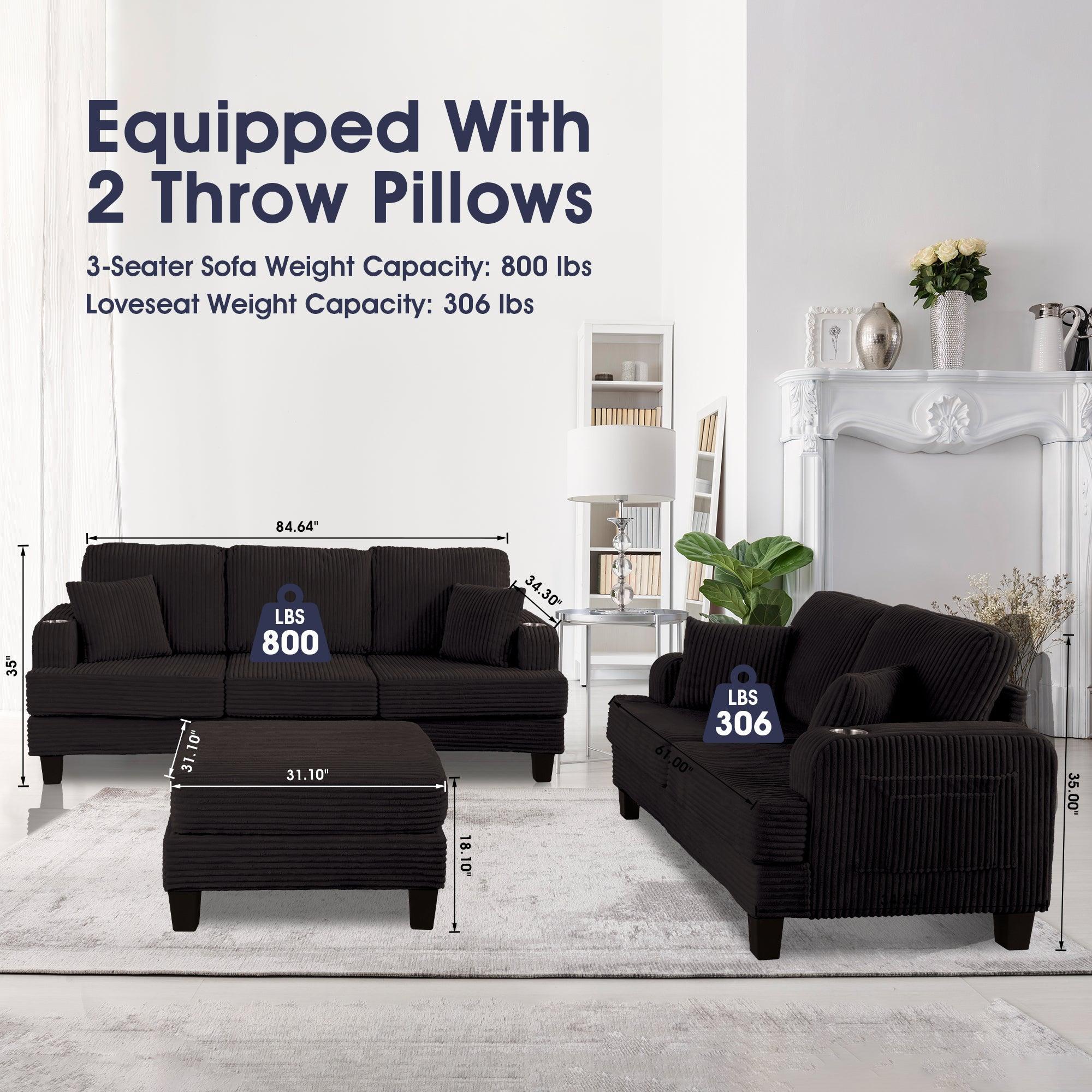 Conjunto de sofá cómodo de 3 piezas, color negro, de 3 plazas y loveseat, con otomana de almacenamiento para sala de estar, con USB, bolsillos laterales y almohadas incluidas.