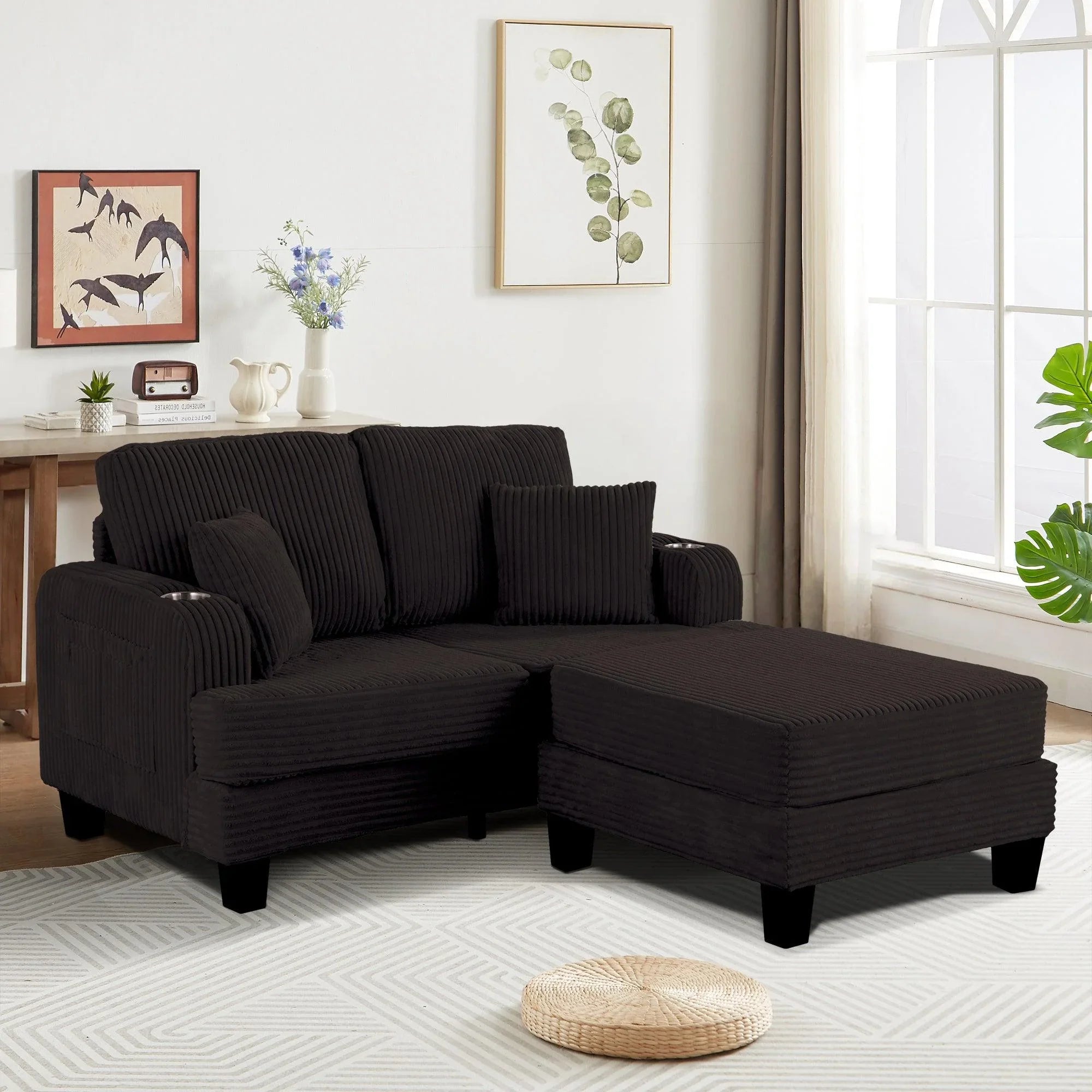 Conjunto de sofá cómodo de 3 piezas, color negro, de 3 plazas y loveseat, con otomana de almacenamiento para sala de estar, con USB, bolsillos laterales y almohadas incluidas.