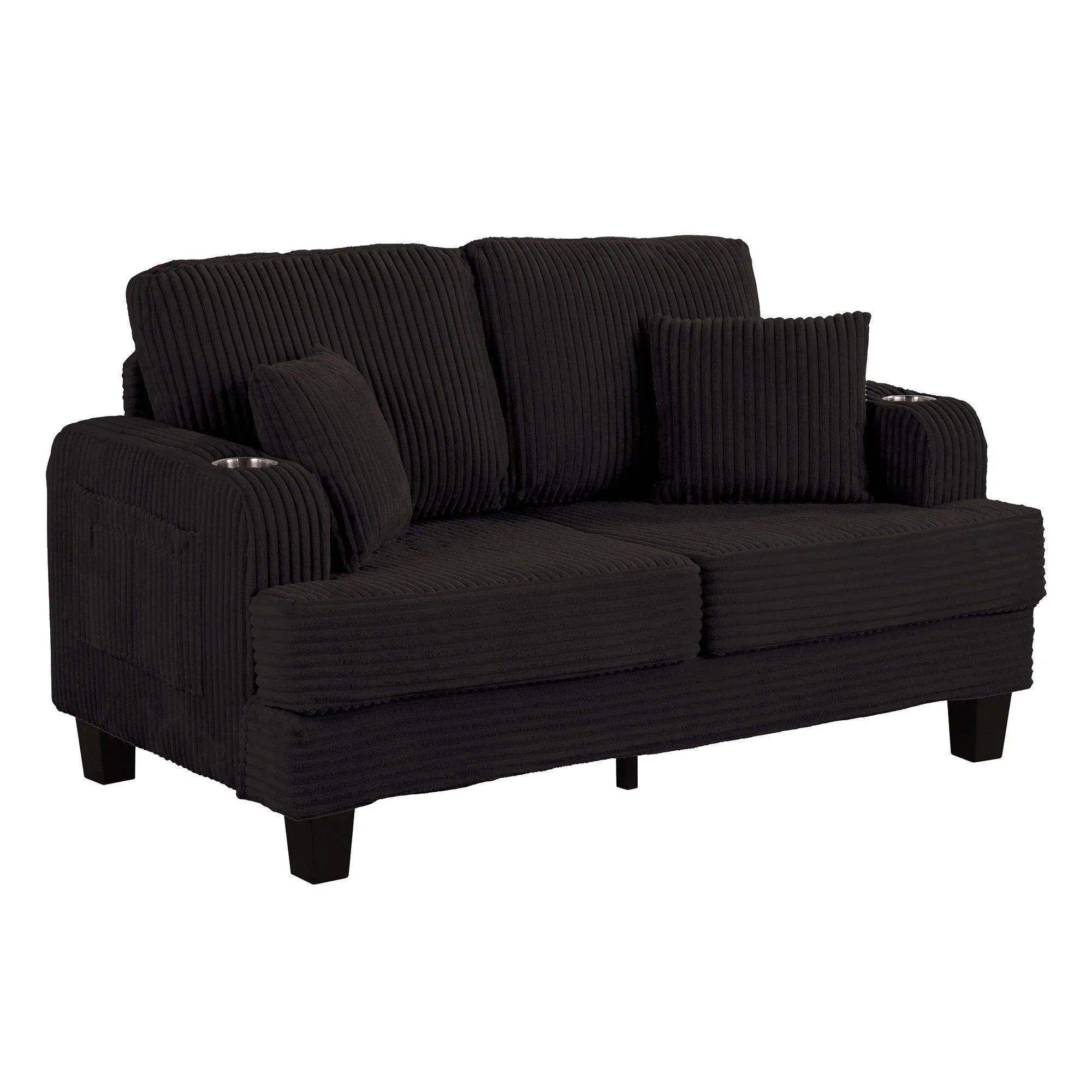 Conjunto de sofá cómodo de 3 piezas, color negro, de 3 plazas y loveseat, con otomana de almacenamiento para sala de estar, con USB, bolsillos laterales y almohadas incluidas.