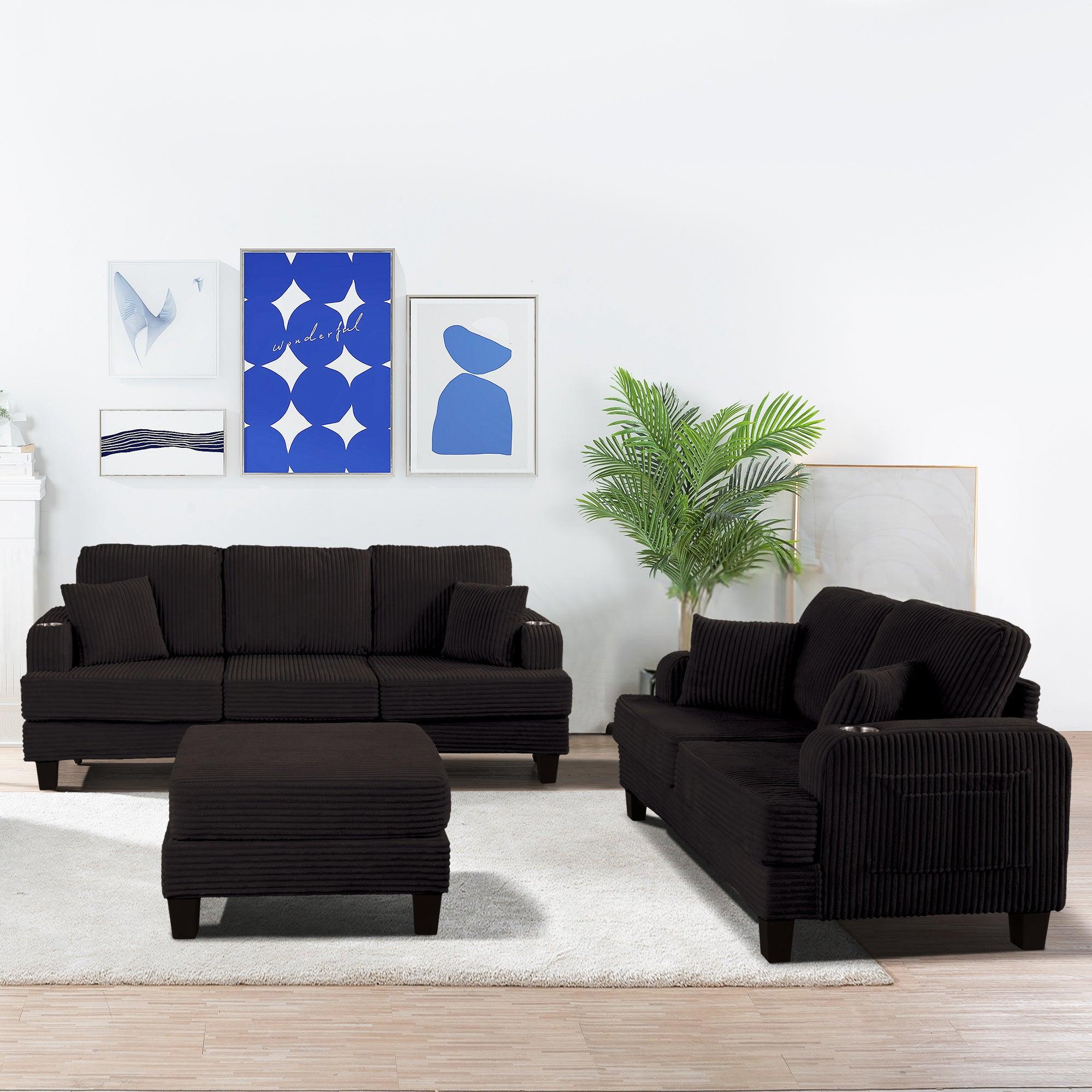 Conjunto de sofá cómodo de 3 piezas, color negro, de 3 plazas y loveseat, con otomana de almacenamiento para sala de estar, con USB, bolsillos laterales y almohadas incluidas.