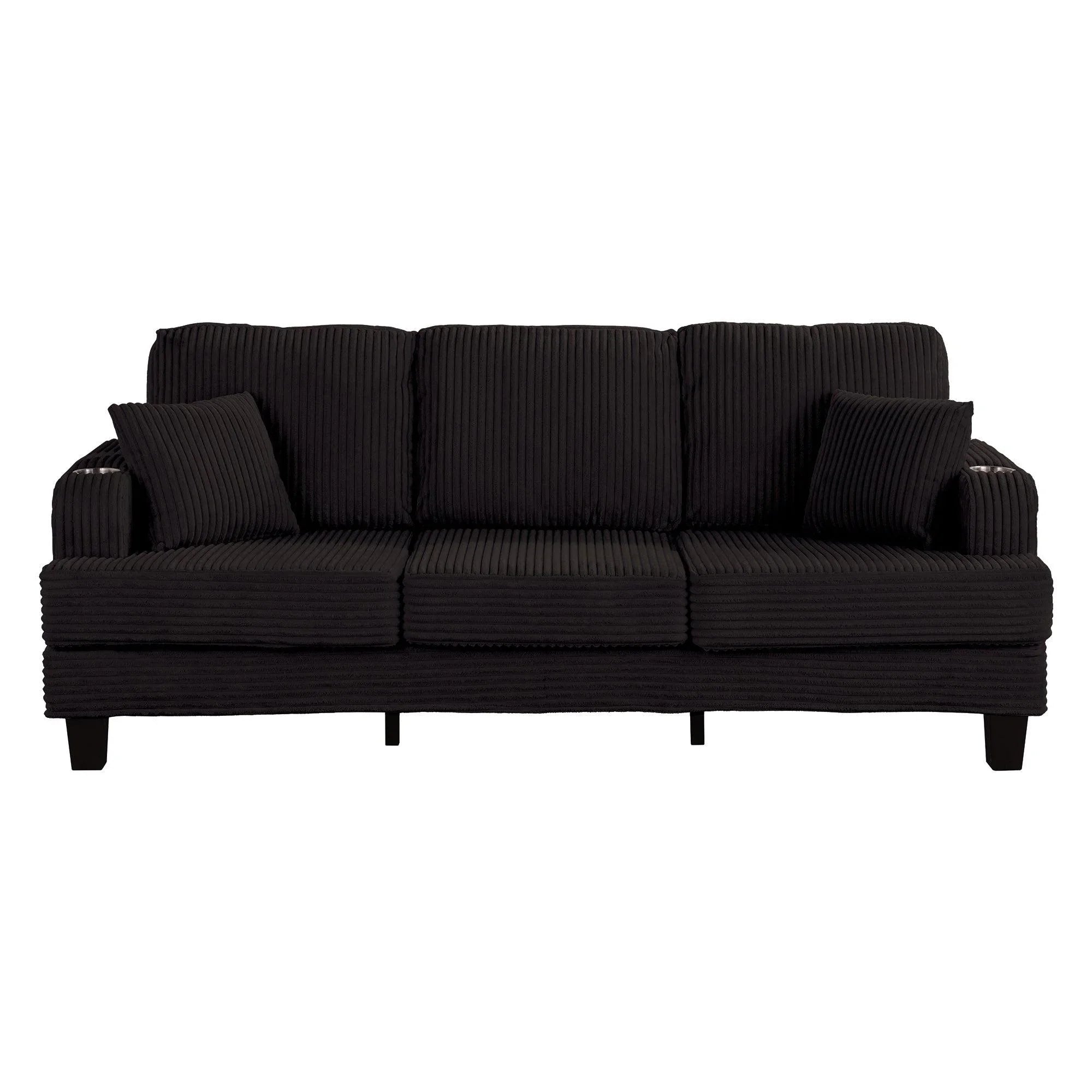 Conjunto de sofá cómodo de 3 piezas, color negro, de 3 plazas y loveseat, con otomana de almacenamiento para sala de estar, con USB, bolsillos laterales y almohadas incluidas.