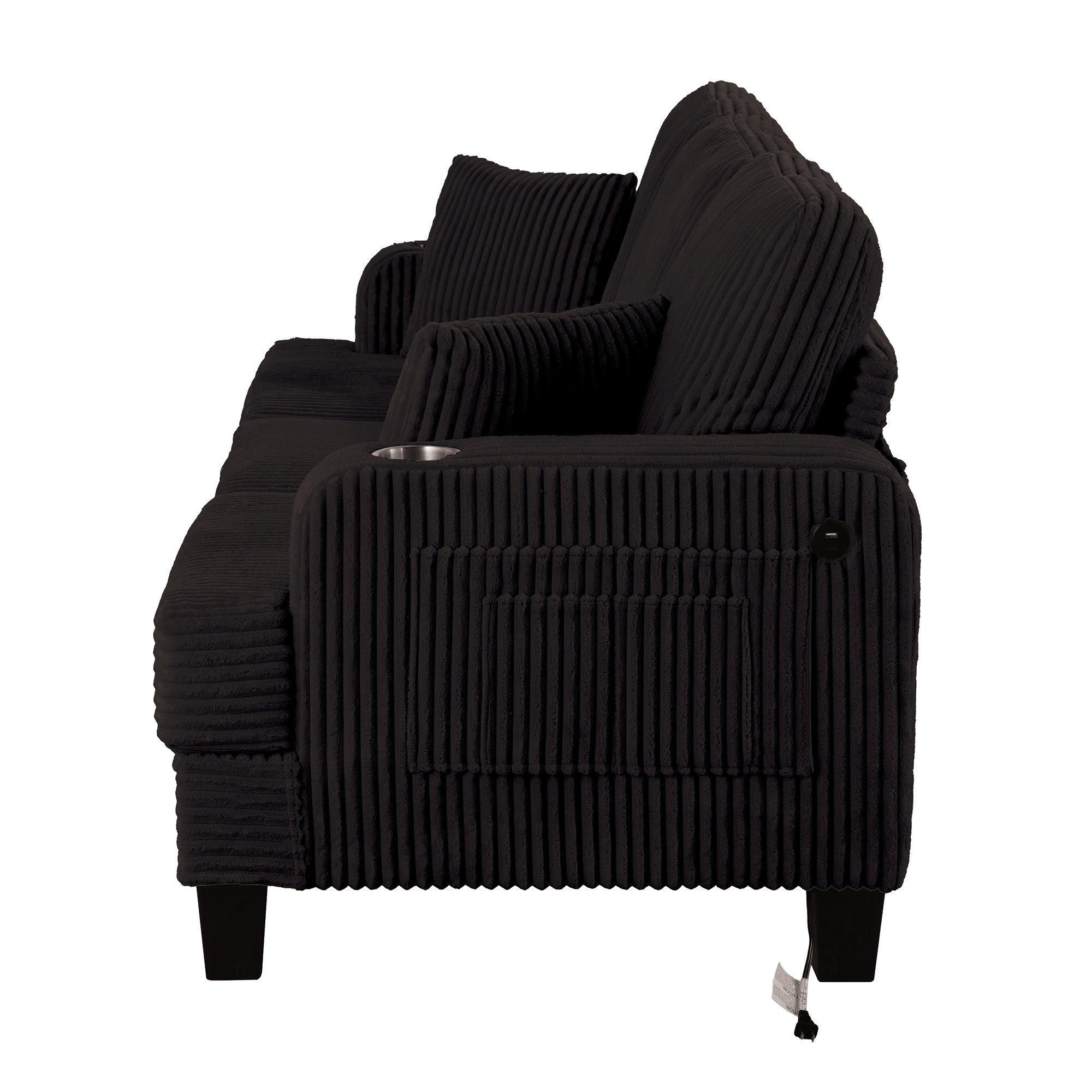 Conjunto de sofá cómodo de 3 piezas, color negro, de 3 plazas y loveseat, con otomana de almacenamiento para sala de estar, con USB, bolsillos laterales y almohadas incluidas.