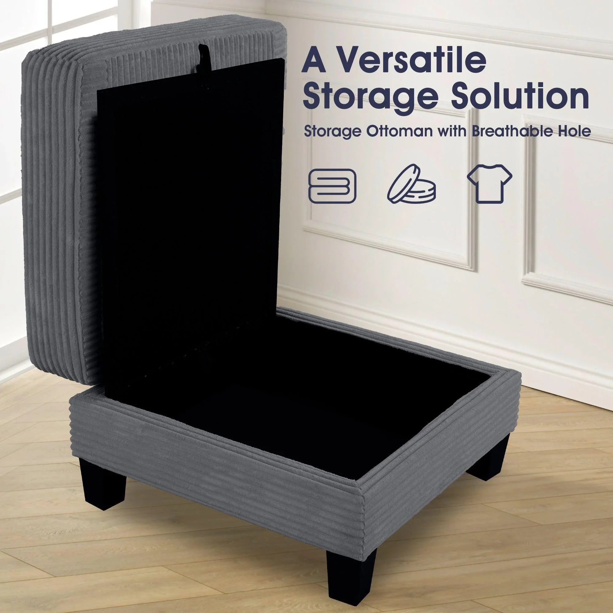 Conjunto de 3 piezas gris oscuro: cómodo sofá de 3 plazas y sofá de dos plazas con otomana de almacenamiento para sala de estar con USB, bolsillos laterales y almohadas incluidas.