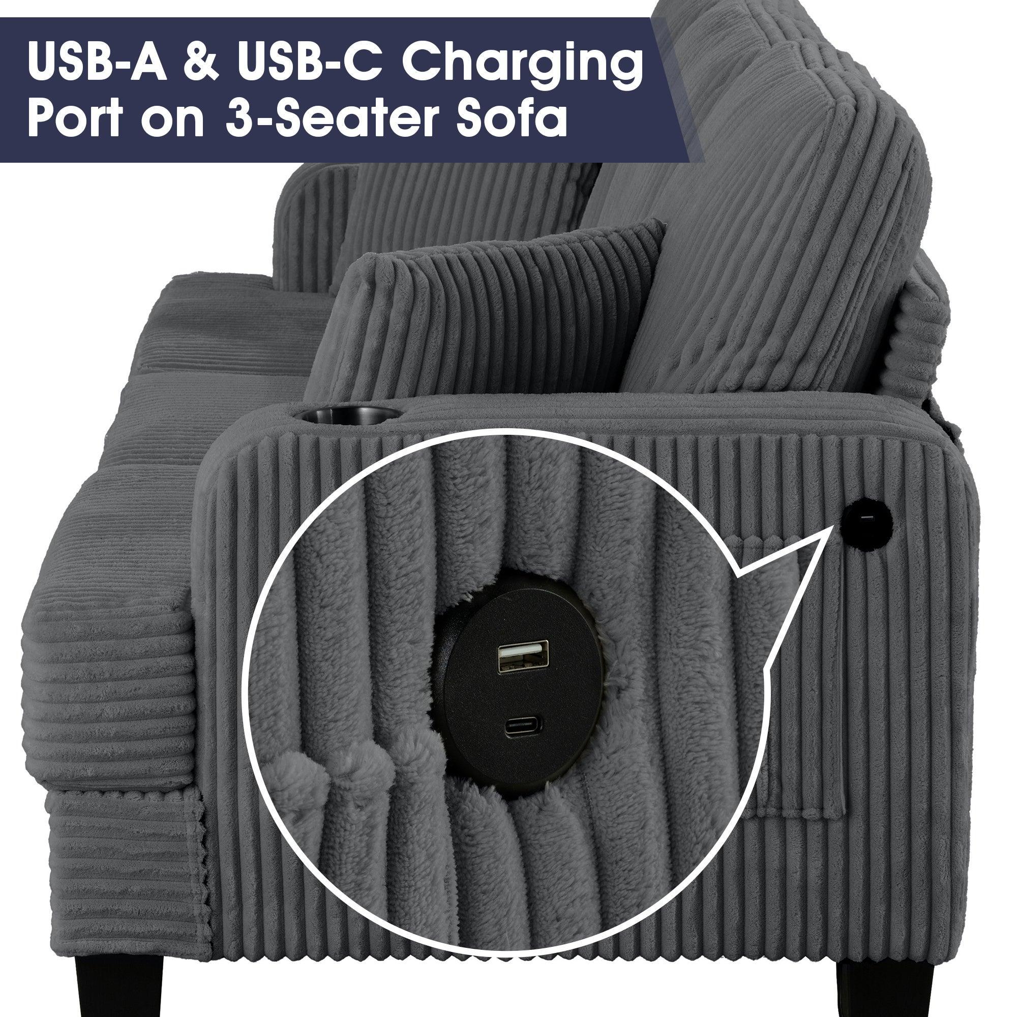 Conjunto de 3 piezas gris oscuro: cómodo sofá de 3 plazas y sofá de dos plazas con otomana de almacenamiento para sala de estar con USB, bolsillos laterales y almohadas incluidas.
