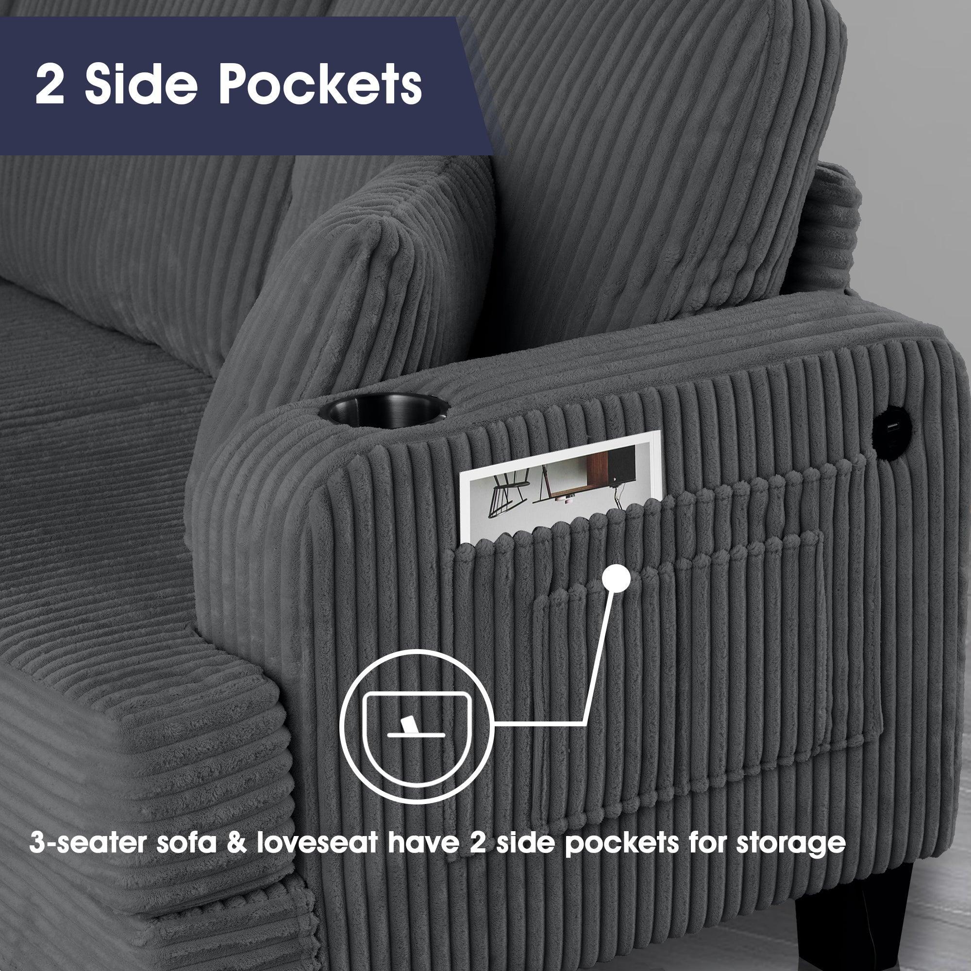 Conjunto de 3 piezas gris oscuro: cómodo sofá de 3 plazas y sofá de dos plazas con otomana de almacenamiento para sala de estar con USB, bolsillos laterales y almohadas incluidas.