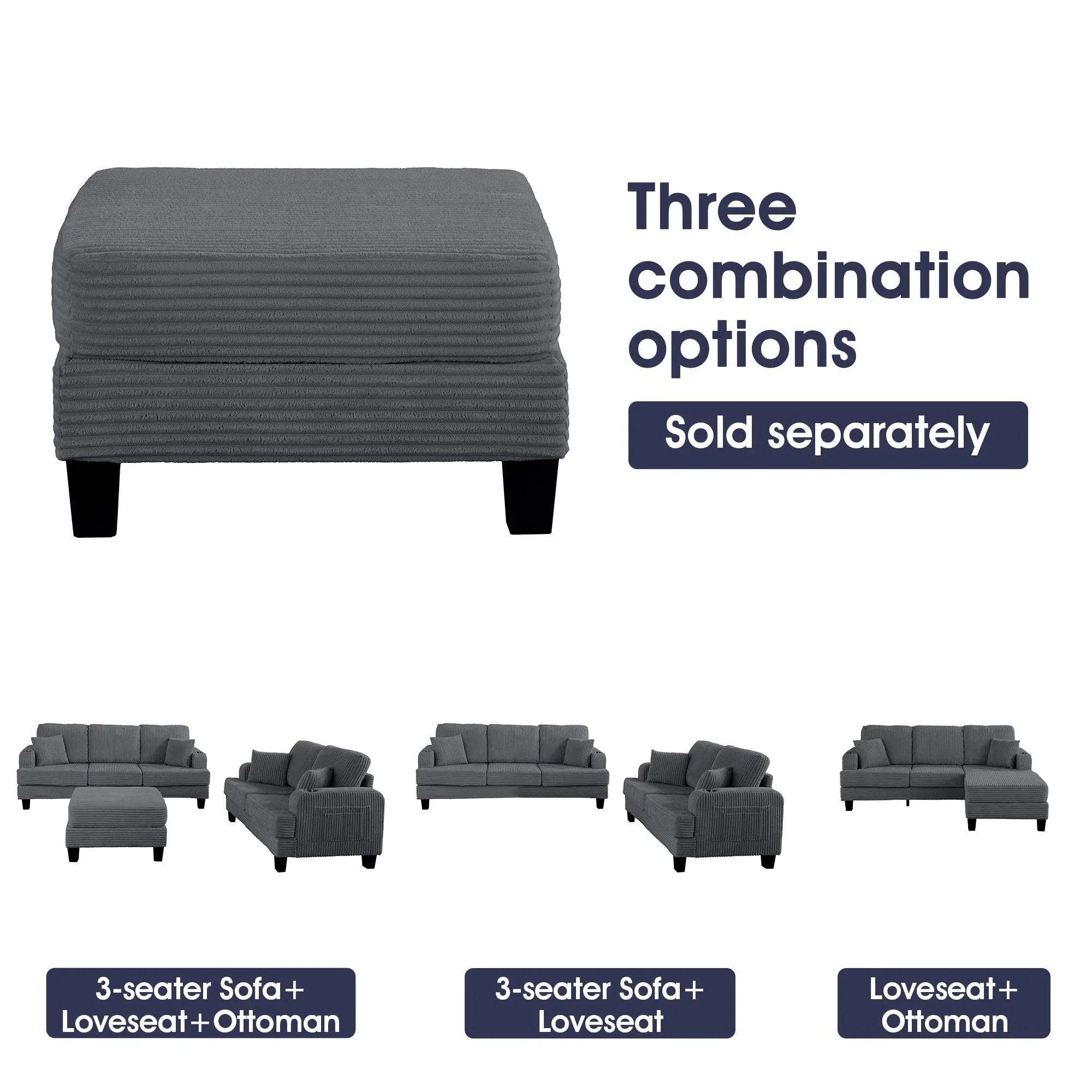 Conjunto de 3 piezas gris oscuro: cómodo sofá de 3 plazas y sofá de dos plazas con otomana de almacenamiento para sala de estar con USB, bolsillos laterales y almohadas incluidas.