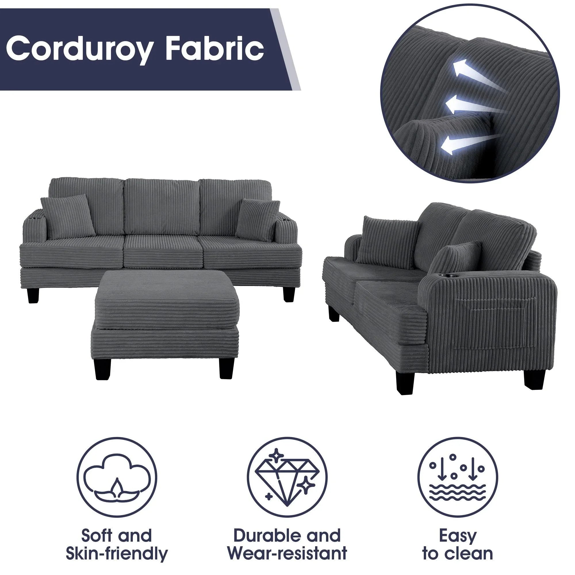 Conjunto de 3 piezas gris oscuro: cómodo sofá de 3 plazas y sofá de dos plazas con otomana de almacenamiento para sala de estar con USB, bolsillos laterales y almohadas incluidas.