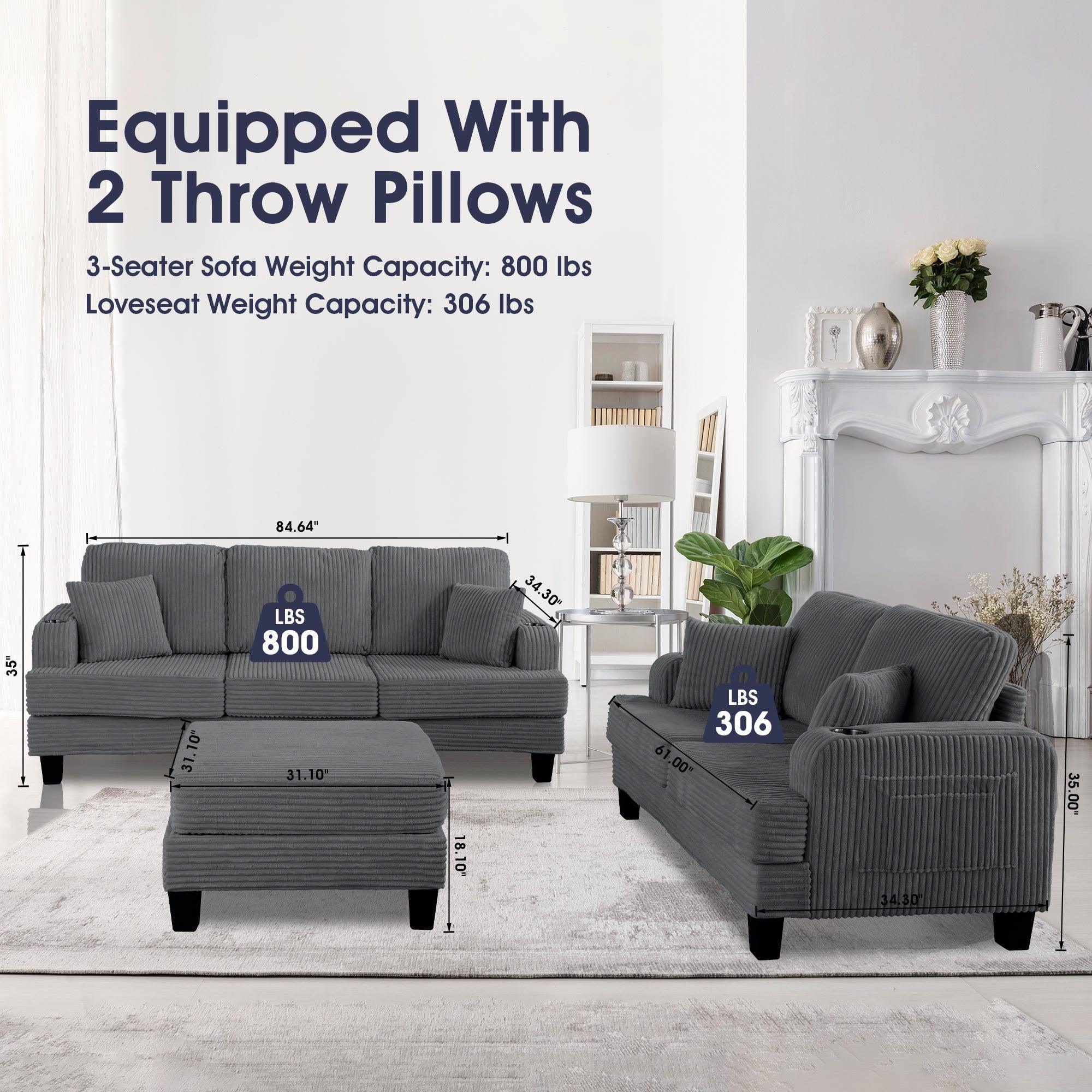 Conjunto de 3 piezas gris oscuro: cómodo sofá de 3 plazas y sofá de dos plazas con otomana de almacenamiento para sala de estar con USB, bolsillos laterales y almohadas incluidas.