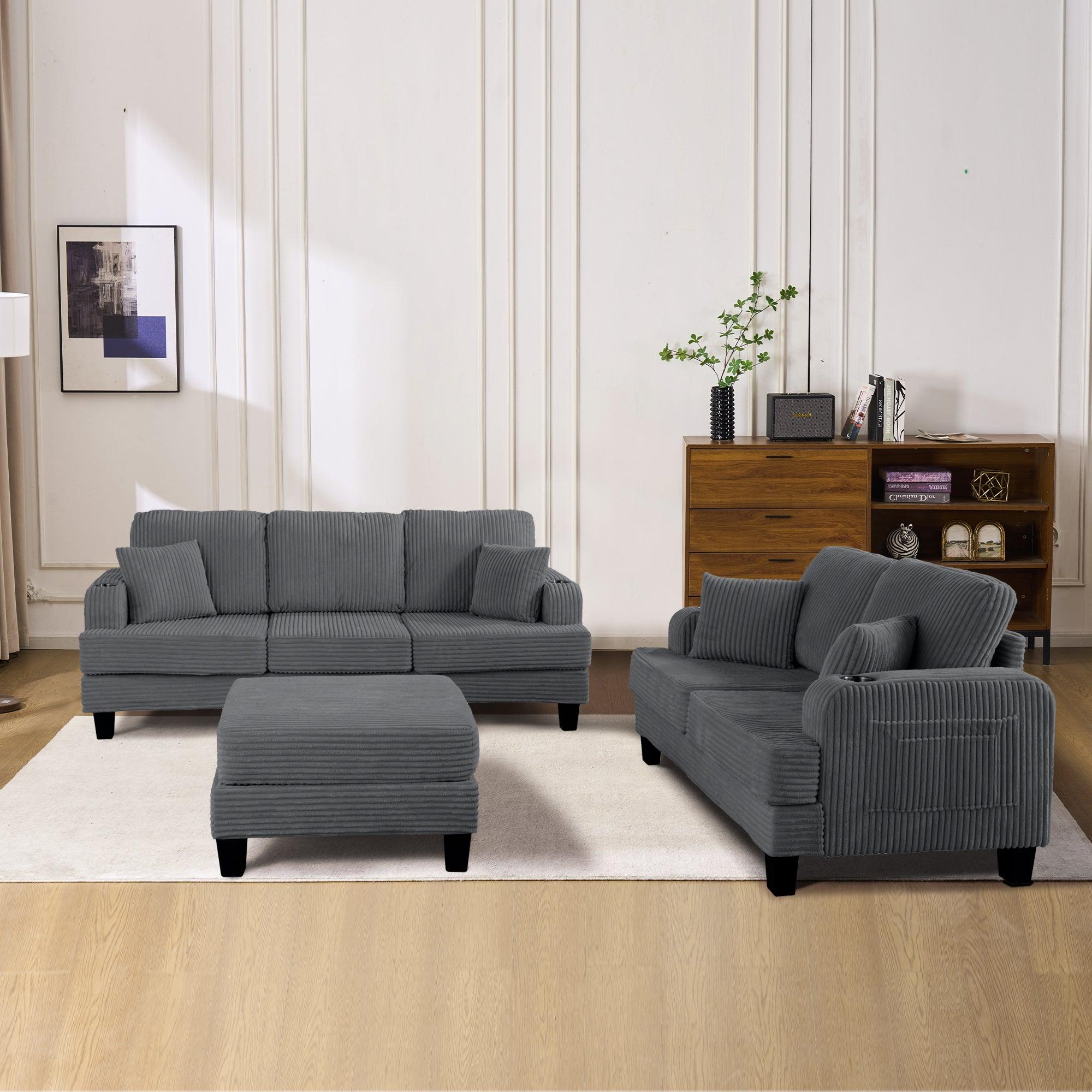 Conjunto de 3 piezas gris oscuro: cómodo sofá de 3 plazas y sofá de dos plazas con otomana de almacenamiento para sala de estar con USB, bolsillos laterales y almohadas incluidas.