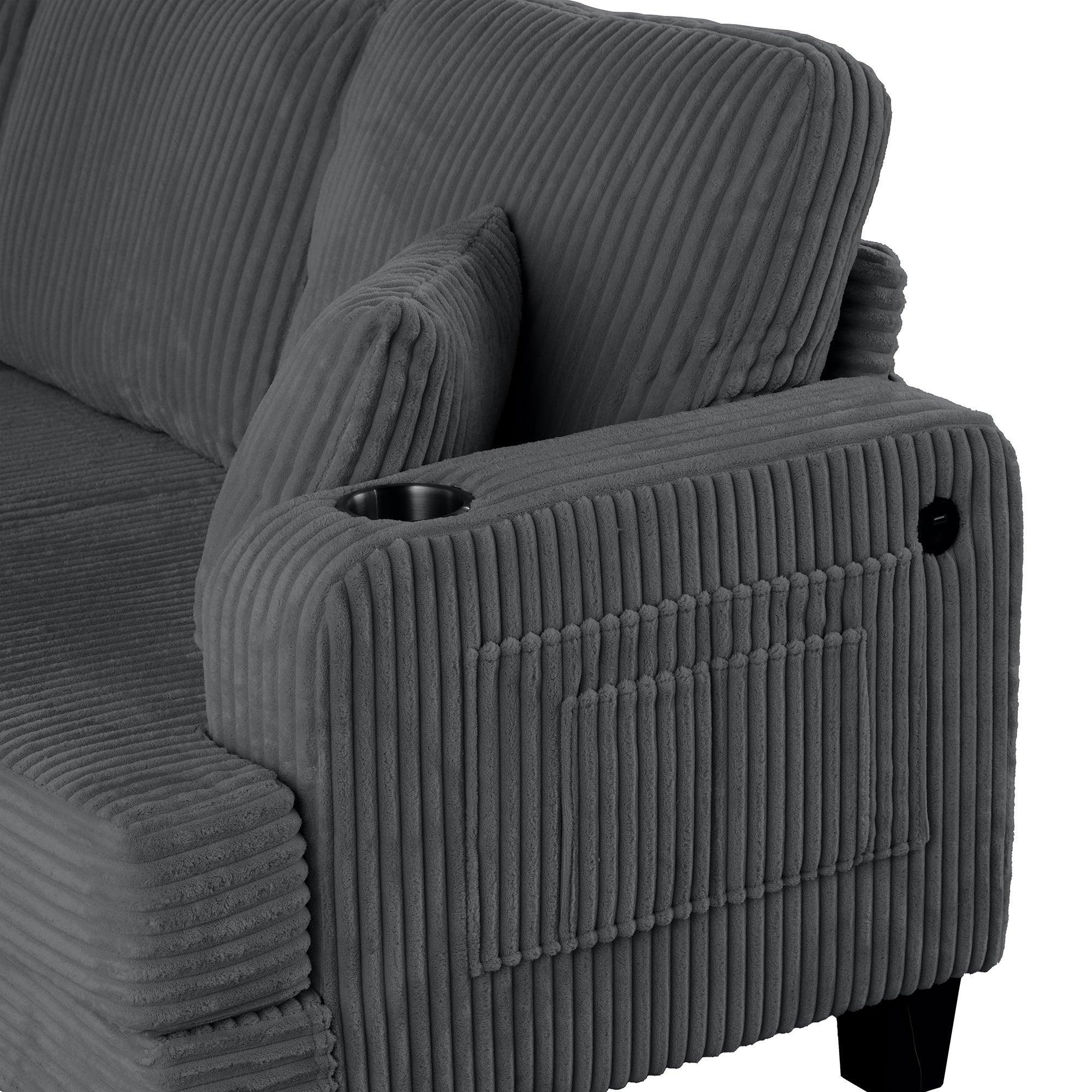 Conjunto de 3 piezas gris oscuro: cómodo sofá de 3 plazas y sofá de dos plazas con otomana de almacenamiento para sala de estar con USB, bolsillos laterales y almohadas incluidas.