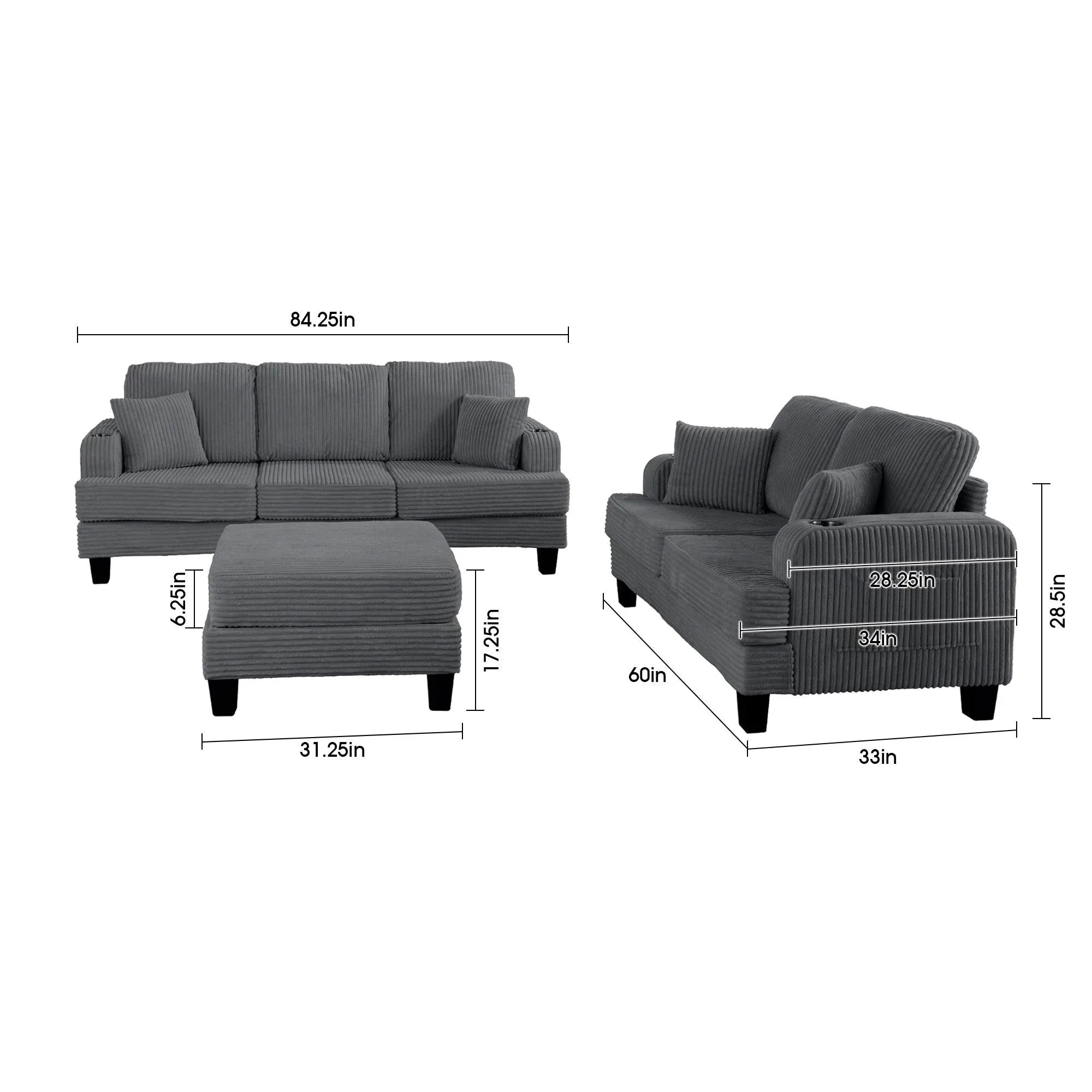 Conjunto de 3 piezas gris oscuro: cómodo sofá de 3 plazas y sofá de dos plazas con otomana de almacenamiento para sala de estar con USB, bolsillos laterales y almohadas incluidas.