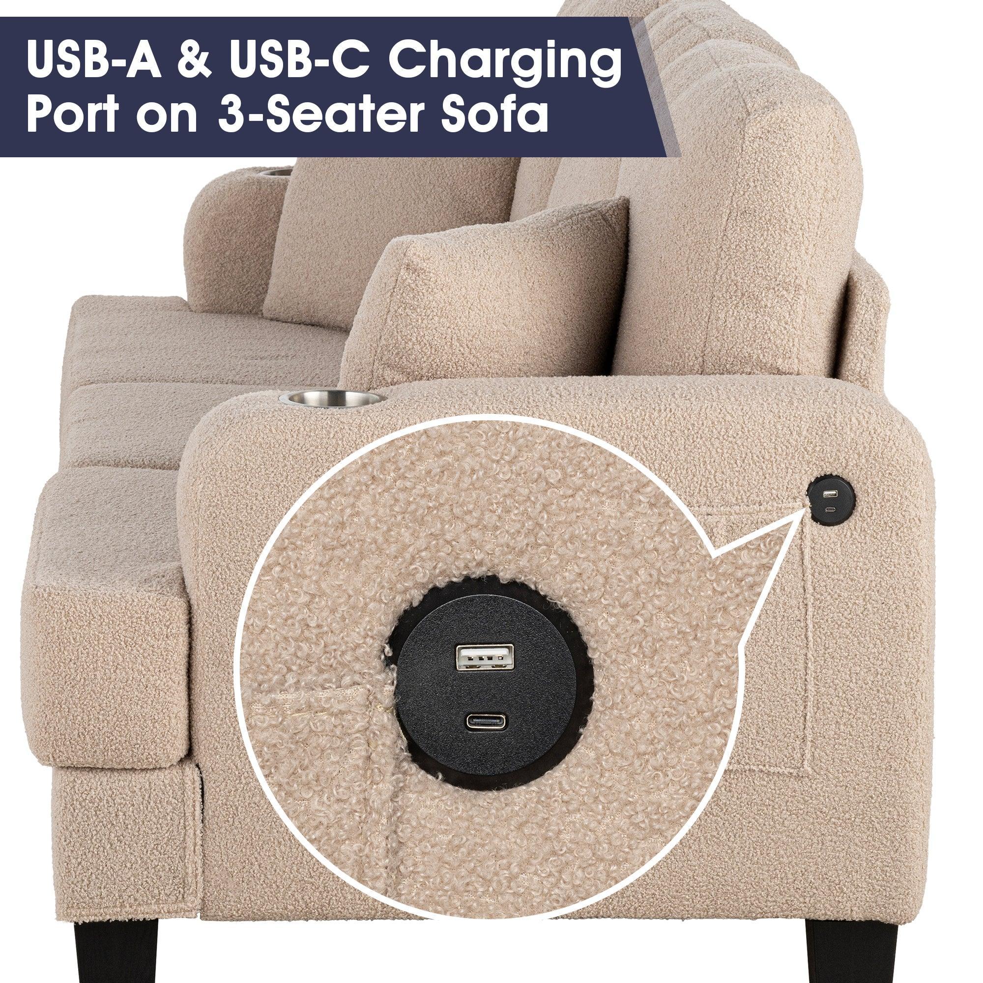 Conjunto de sofá beige de 3 piezas con otomana de almacenamiento y carga USB