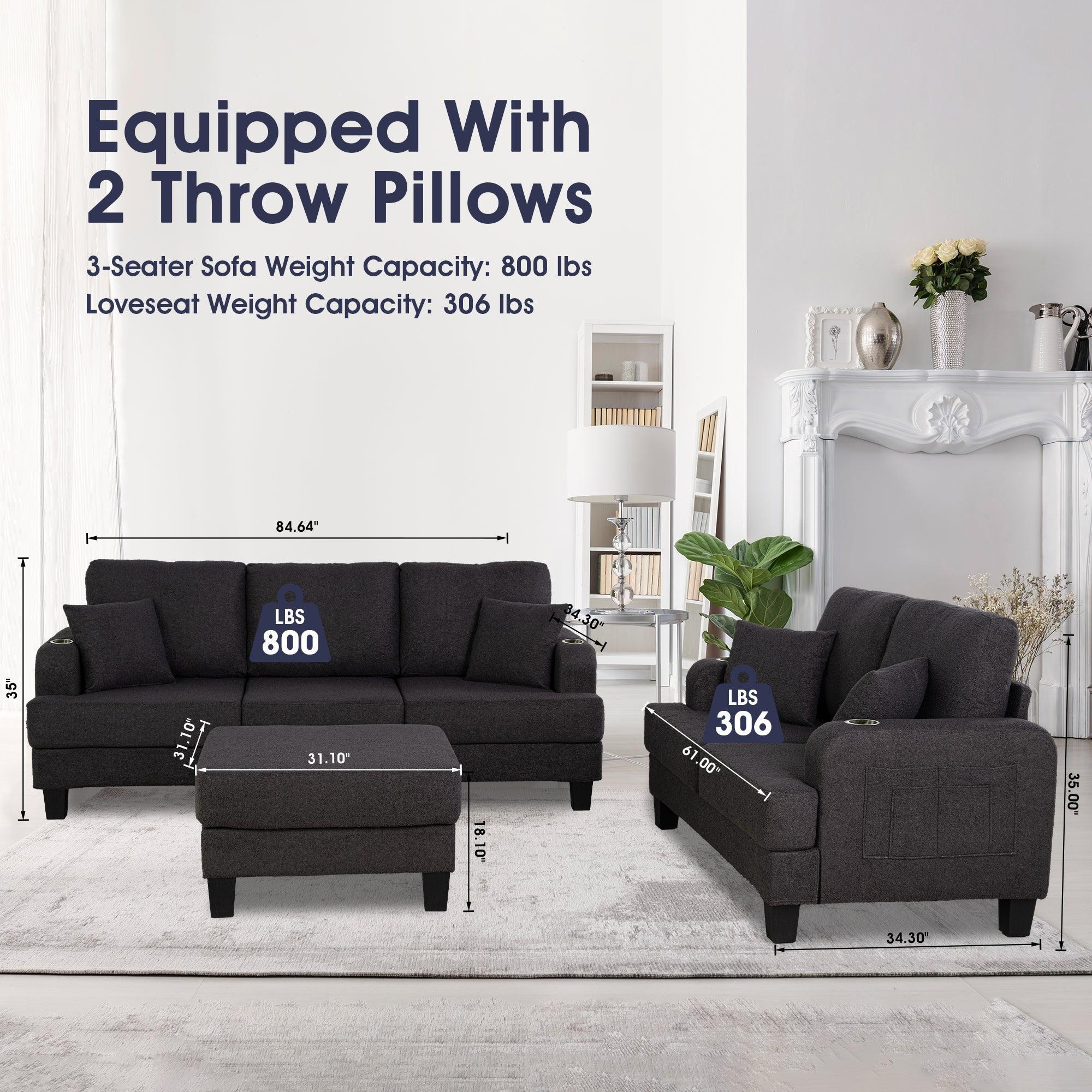 Dark Gray 3-Piece Sofa Set with Storage Ottoman & USB Charging