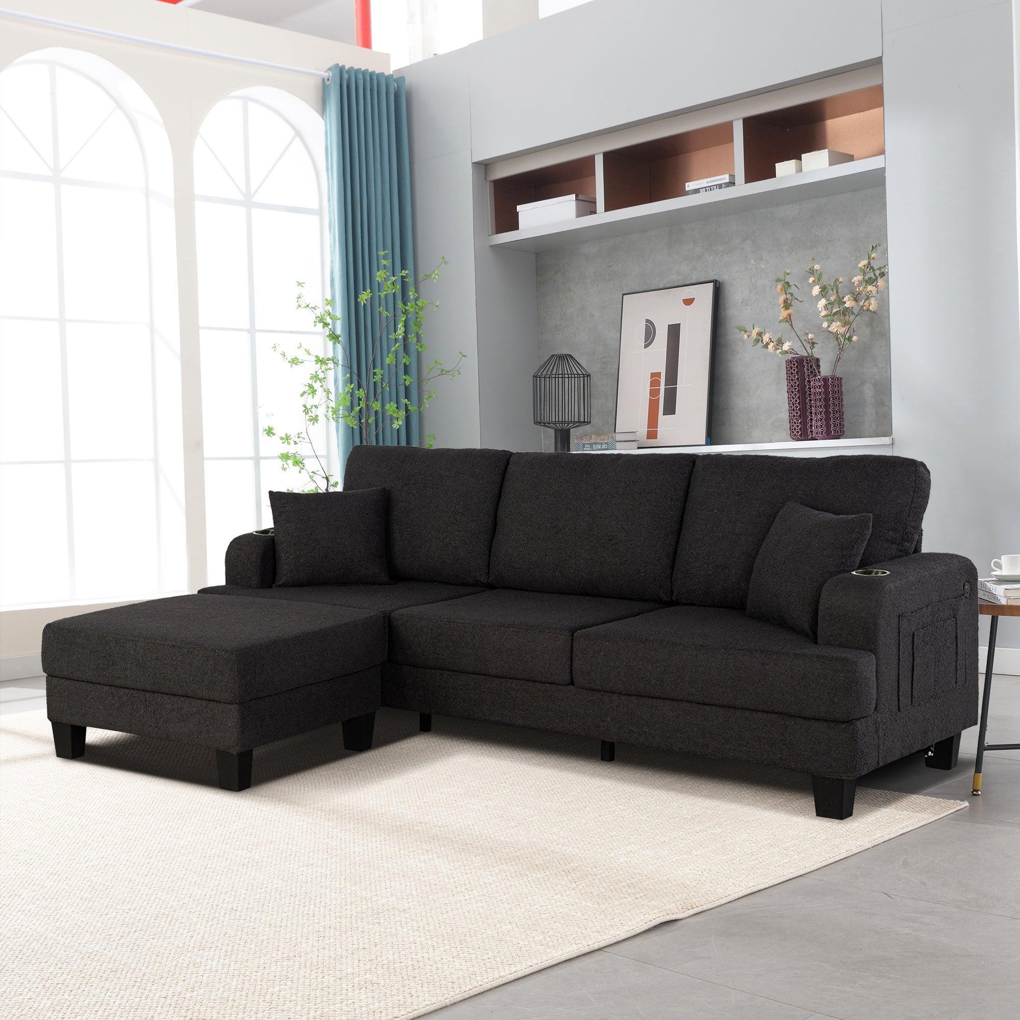 Dark Gray 3-Piece Sofa Set with Storage Ottoman & USB Charging