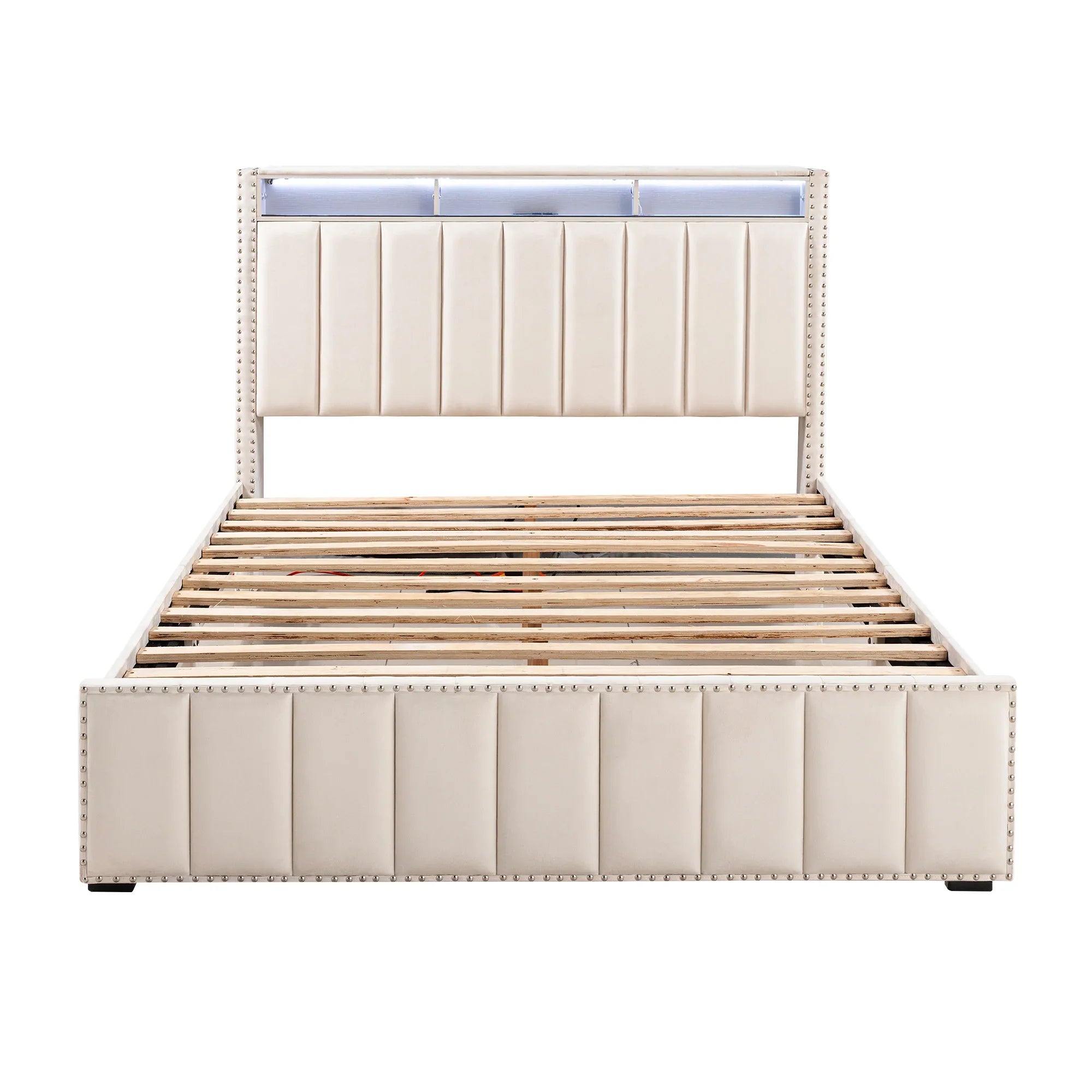 Cama de plataforma beige con elegante diseño capitoné, mueble de dormitorio duradero con soporte de listones de madera, sin necesidad de somier.