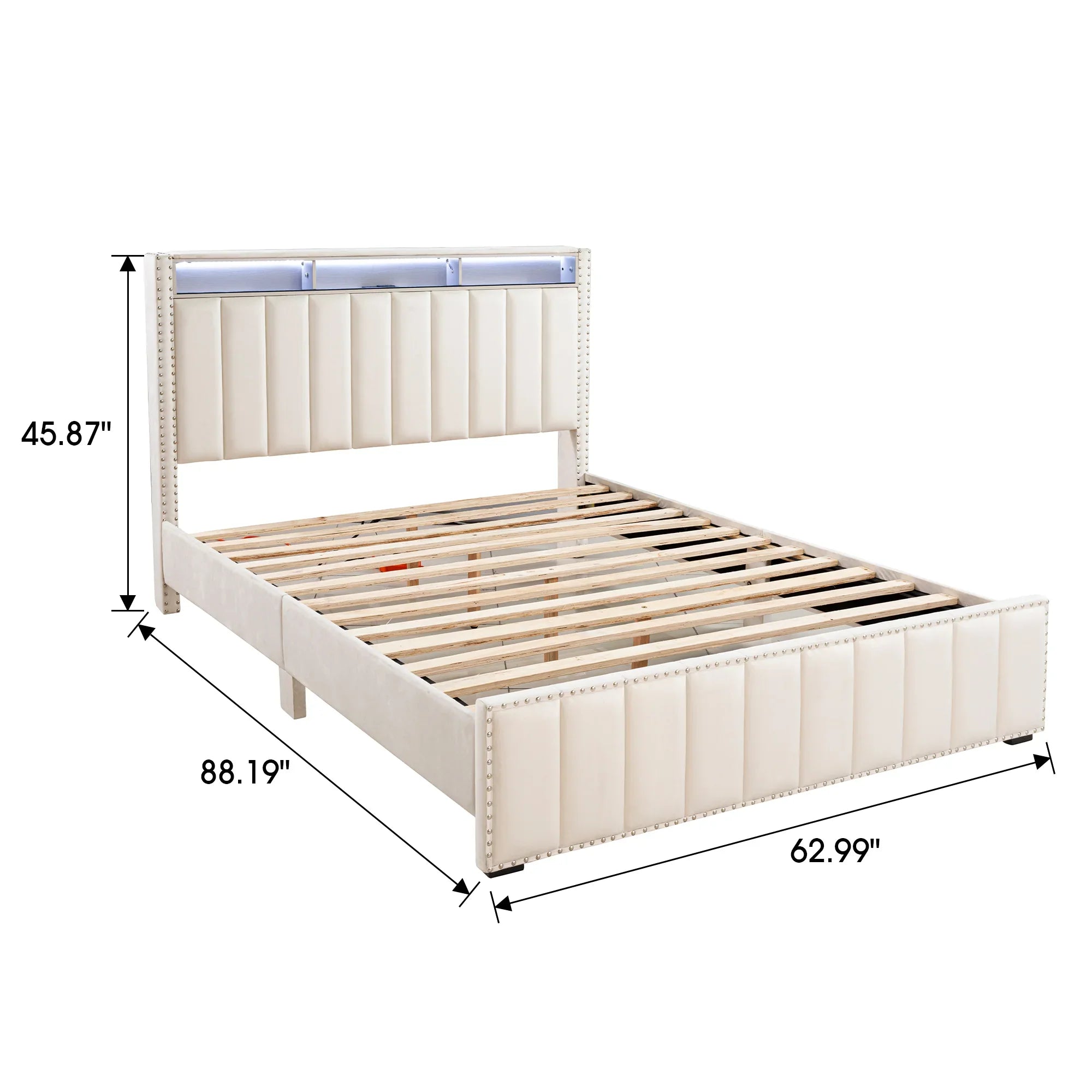 Cama de plataforma beige con elegante diseño capitoné, mueble de dormitorio duradero con soporte de listones de madera, sin necesidad de somier.