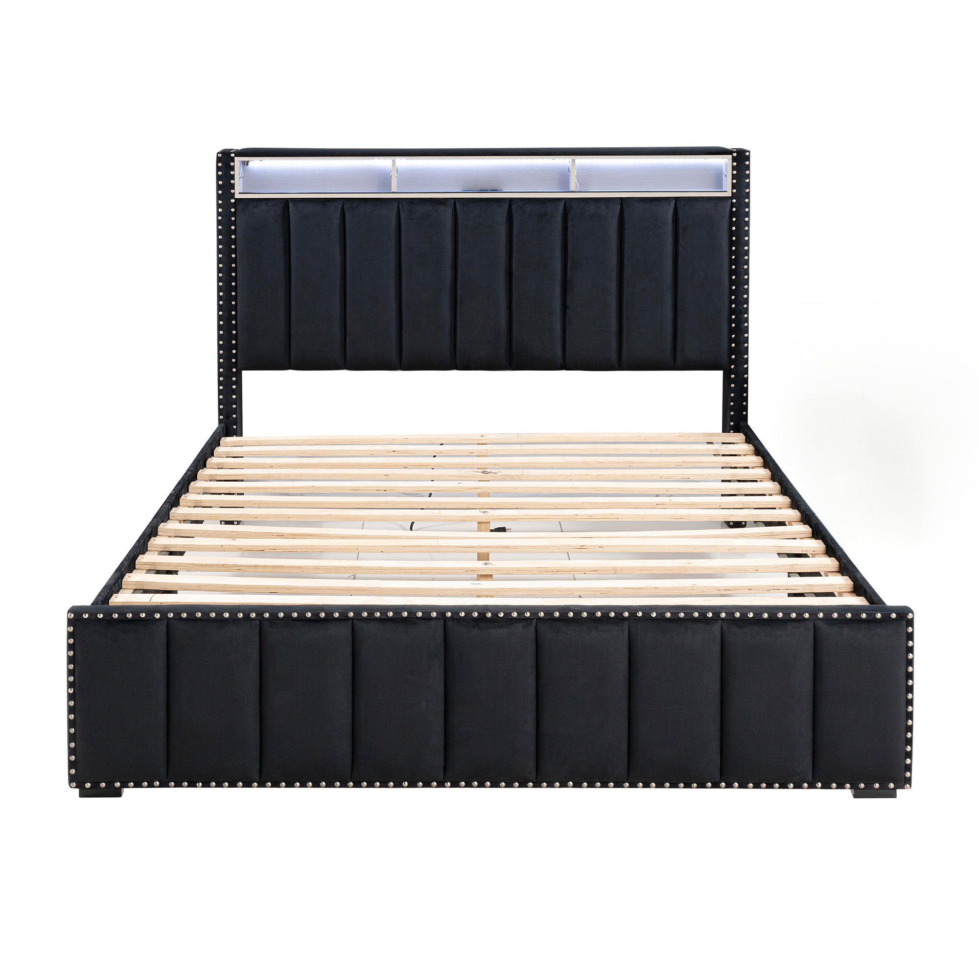 Farese Full & Queen Platform Bed Frame Storage Headboard with LED Light, No Box Spring Needed