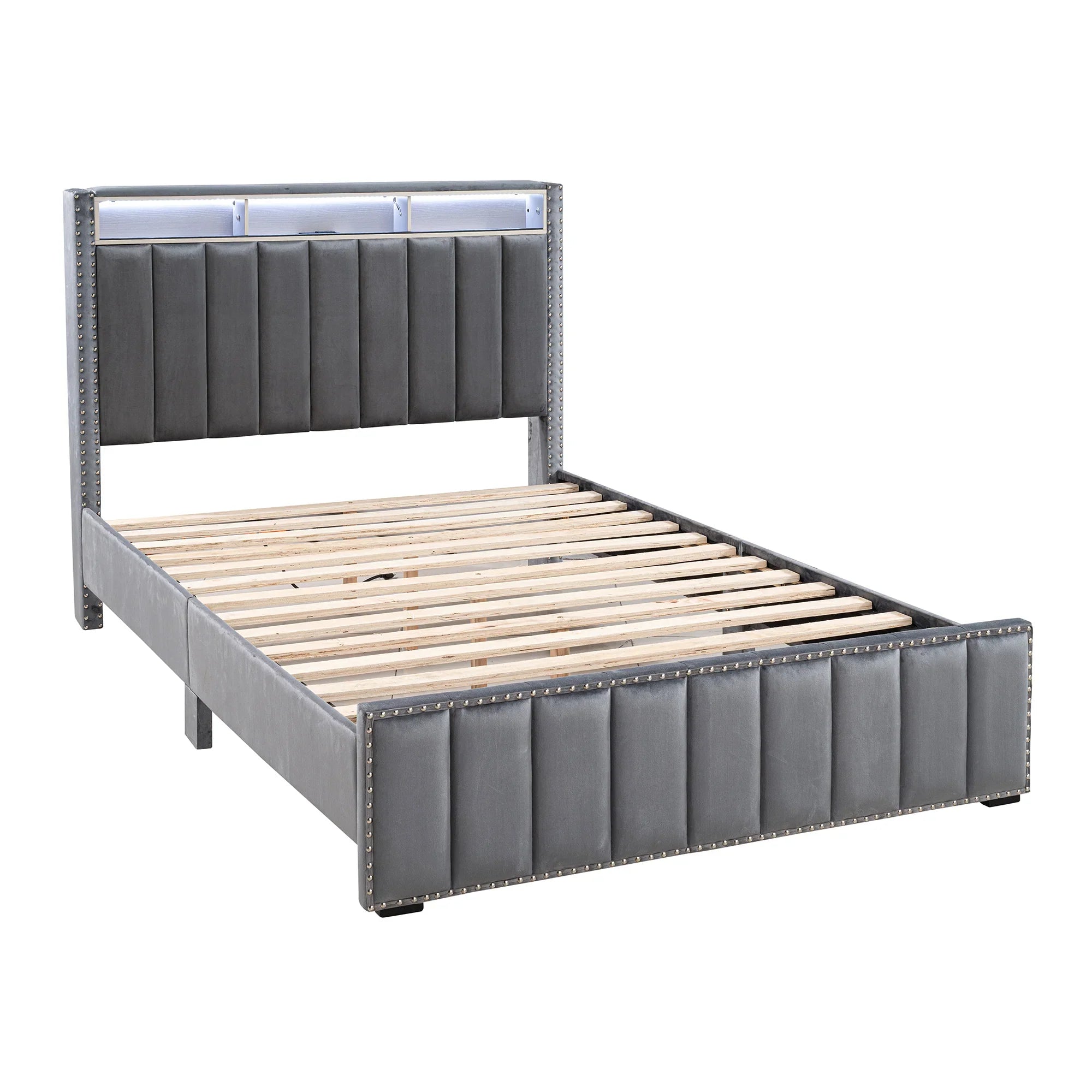 Cama de plataforma beige con elegante diseño capitoné, mueble de dormitorio duradero con soporte de listones de madera, sin necesidad de somier.
