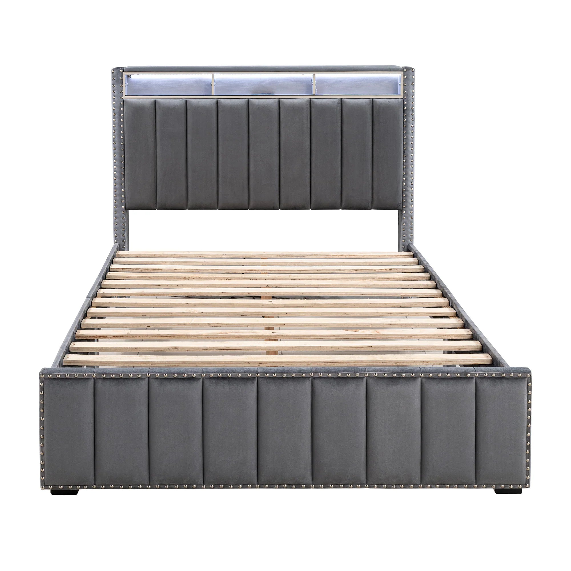 Cama de plataforma beige con elegante diseño capitoné, mueble de dormitorio duradero con soporte de listones de madera, sin necesidad de somier.