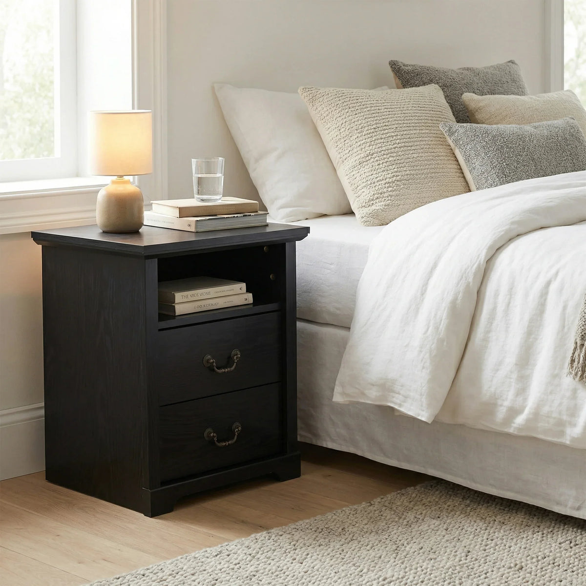 22 Inch Rustic 2-Drawer Nightstand with Open Top Shelf