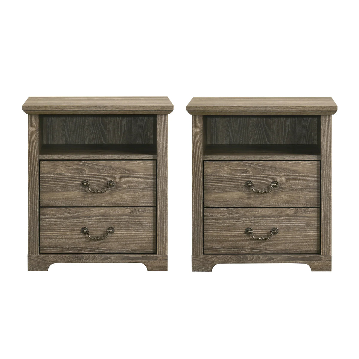 22 Inch Rustic 2-Drawer Nightstand with Open Top Shelf