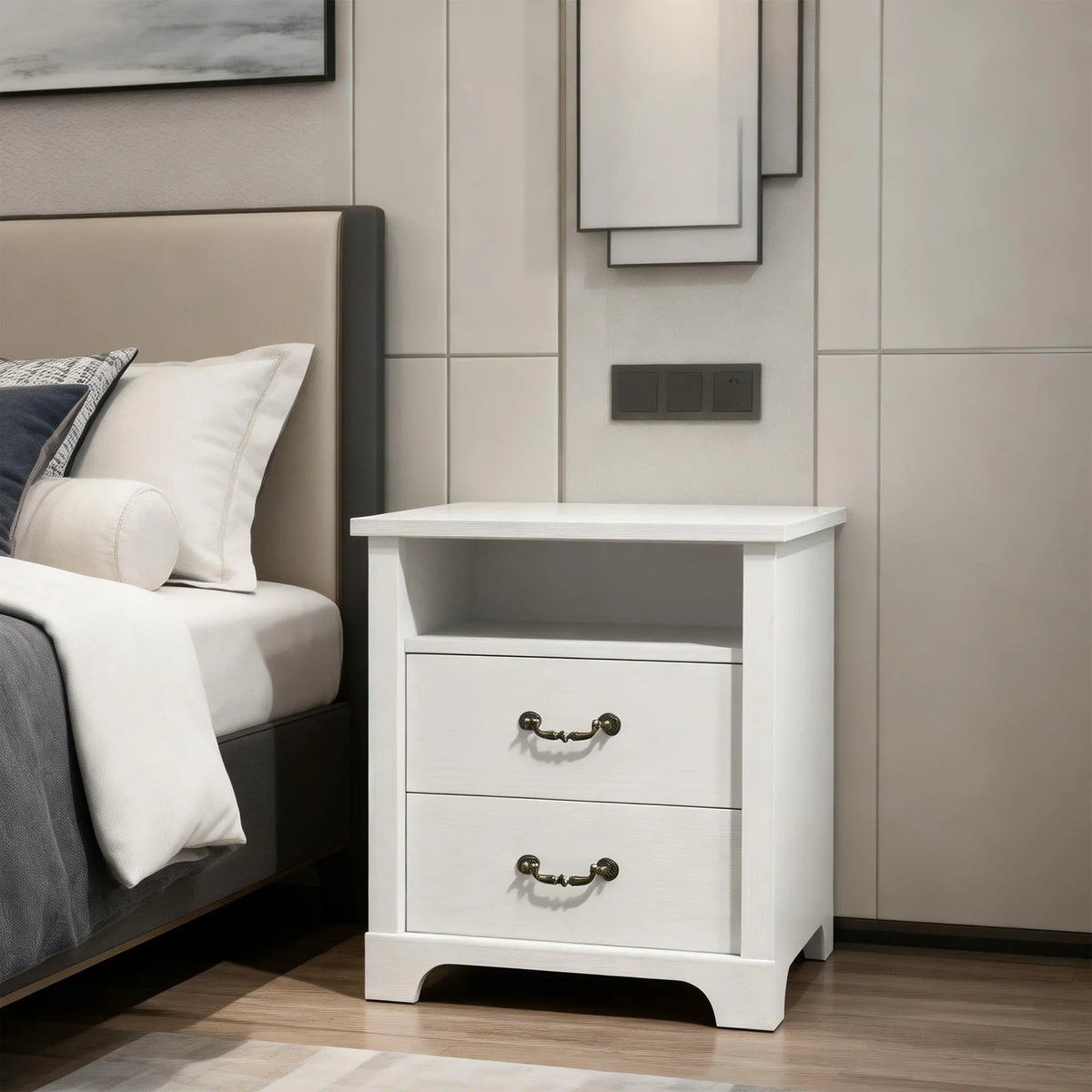 22 Inch Rustic 2-Drawer Nightstand with Open Top Shelf
