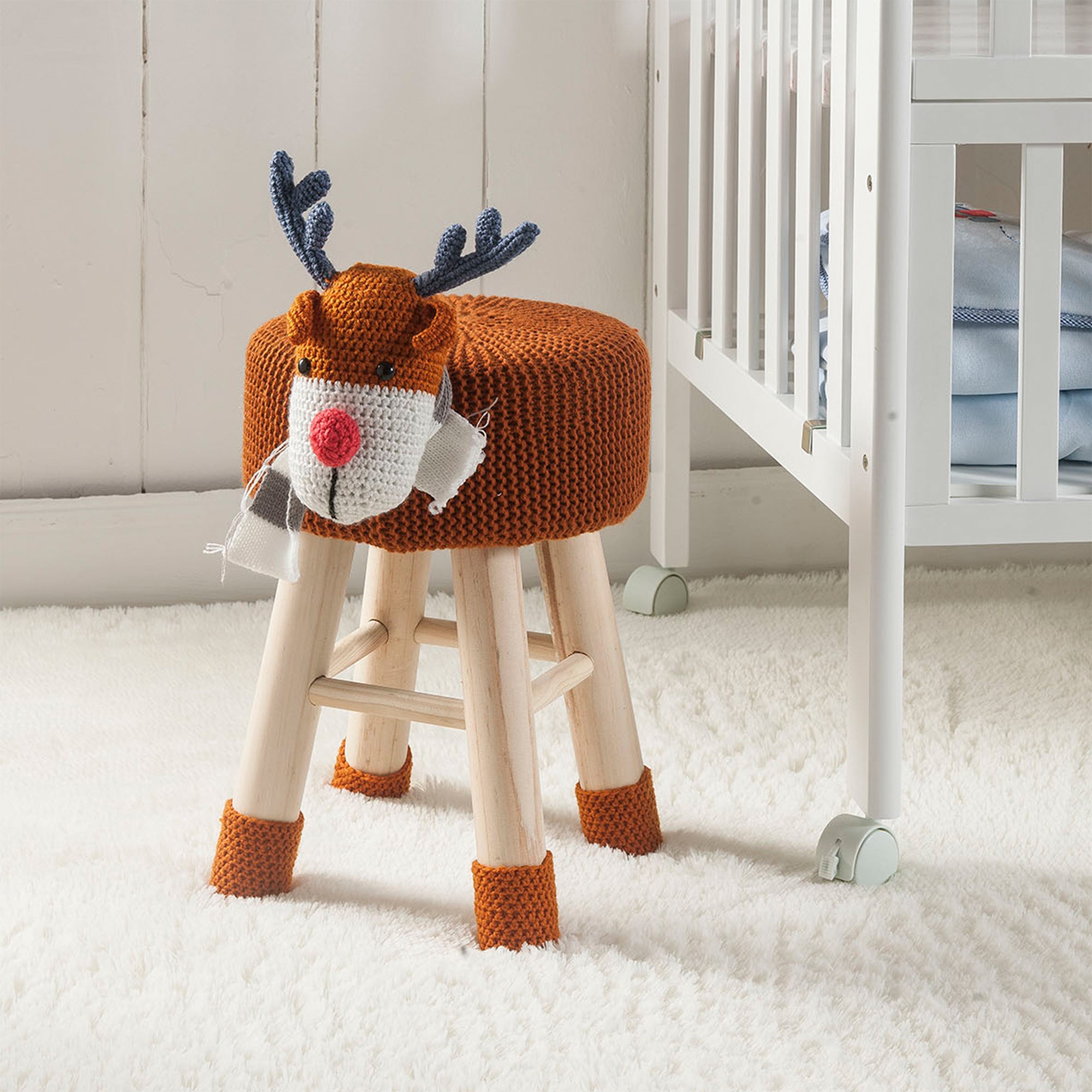 Woven Deer Pine Wood Legs Stool with Soft Plush Fabric for Kids