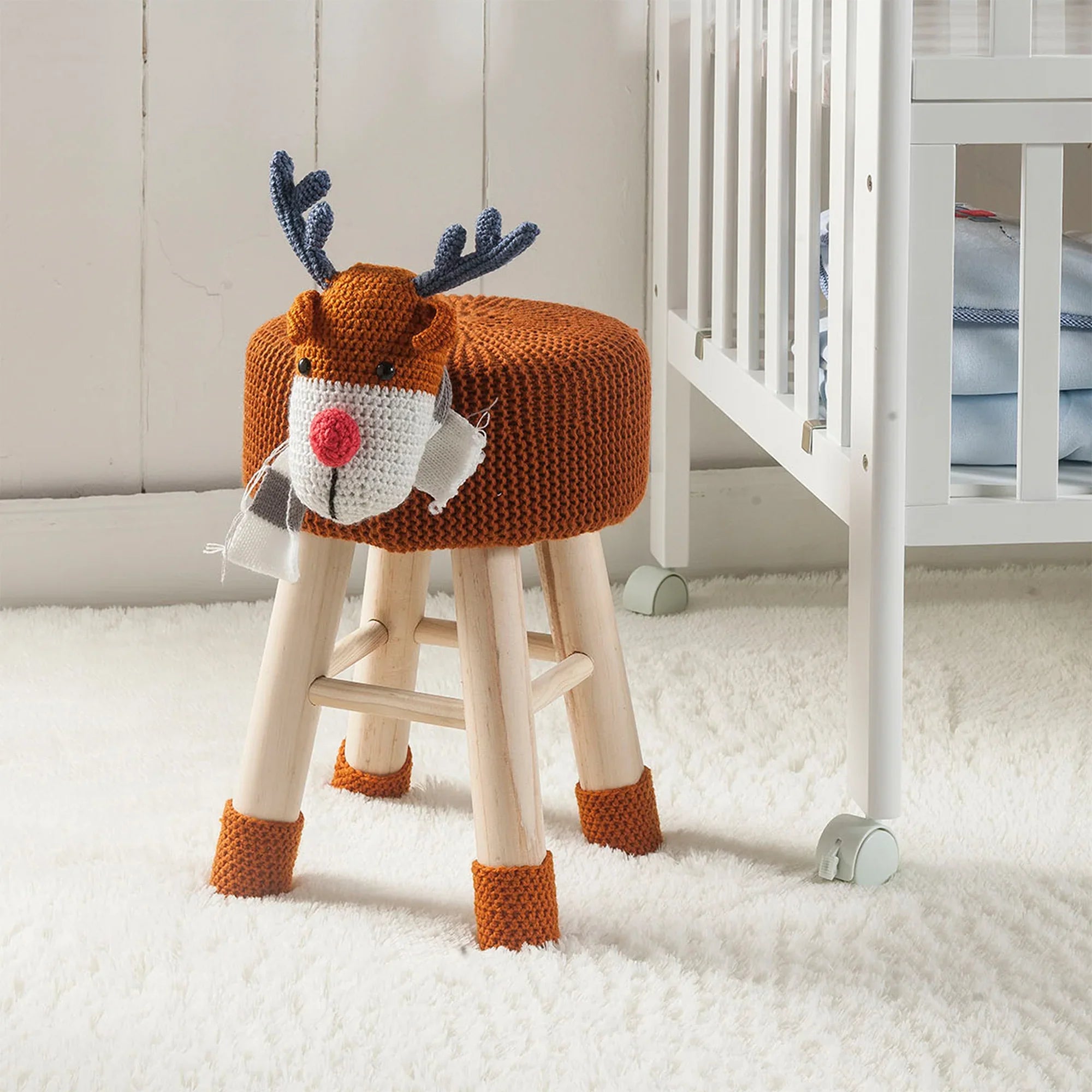 Woven Deer Pine Wood Legs Stool with Soft Plush Fabric for Kids