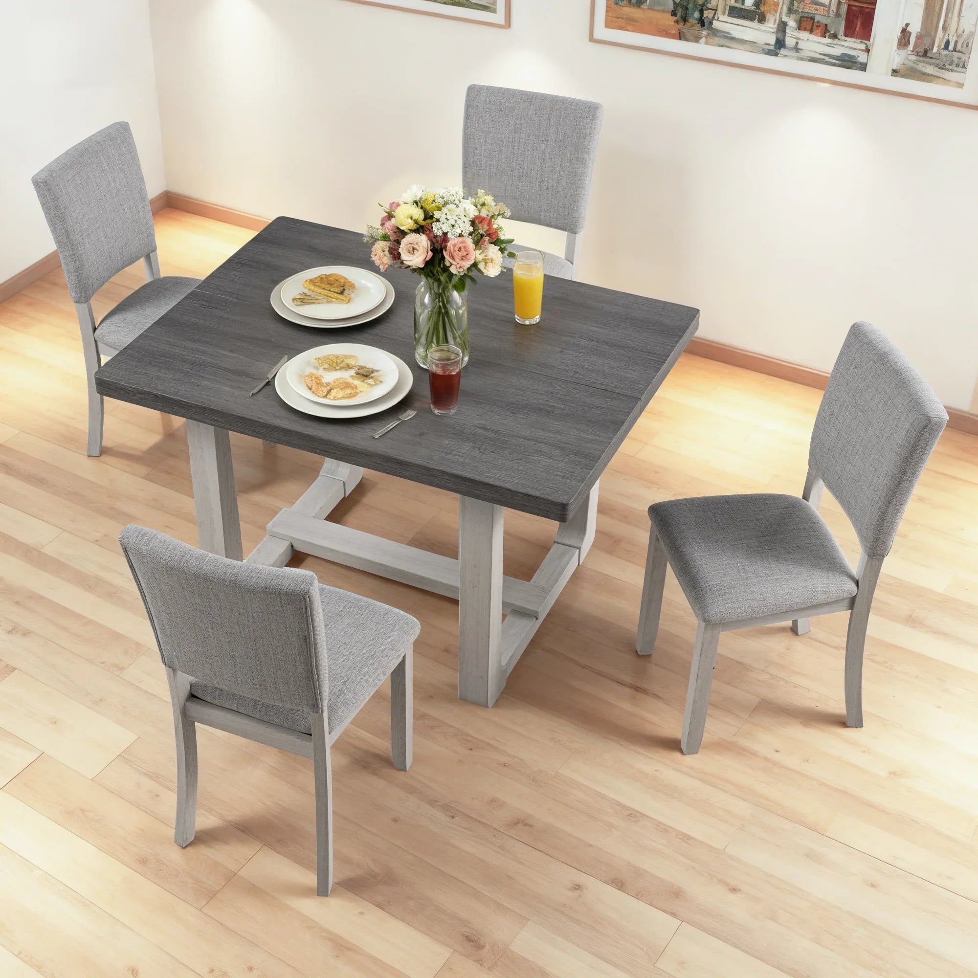 Juego de mesa de comedor de 5 piezas de madera maciza de caucho de 48" de ancho con respaldo de silla en forma de diamante