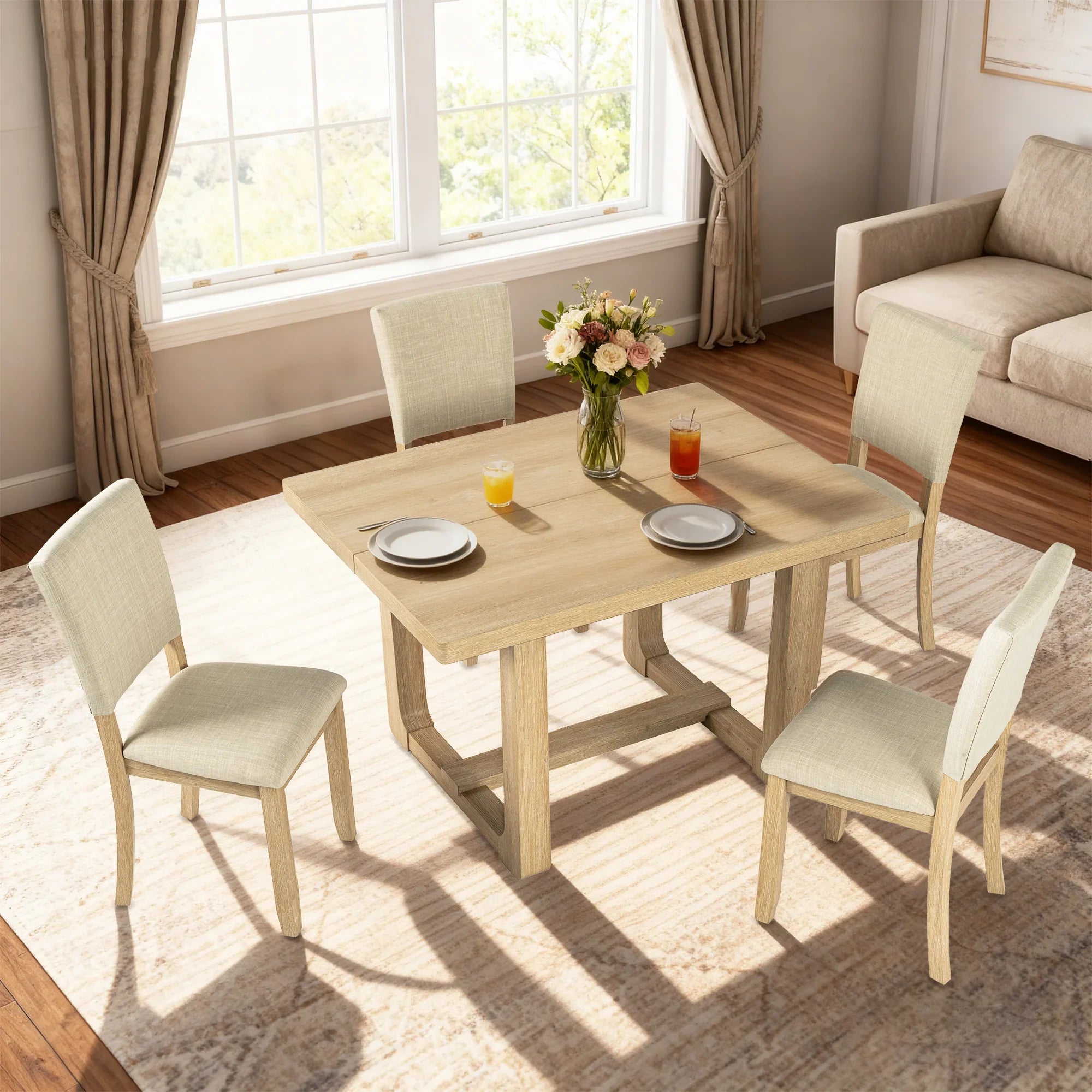 Juego de mesa de comedor de 5 piezas de madera maciza de caucho de 48" de ancho con respaldo de silla en forma de diamante