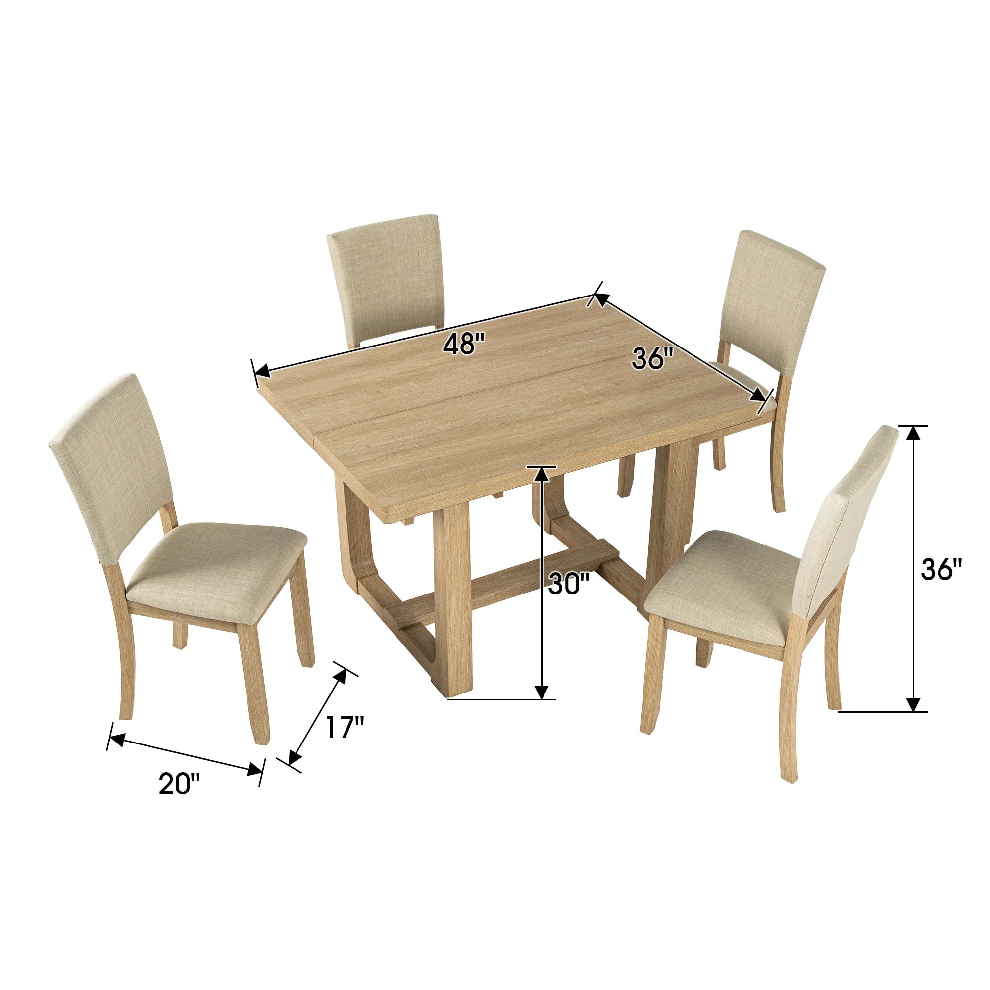 Juego de mesa de comedor de 5 piezas de madera maciza de caucho de 48" de ancho con respaldo de silla en forma de diamante