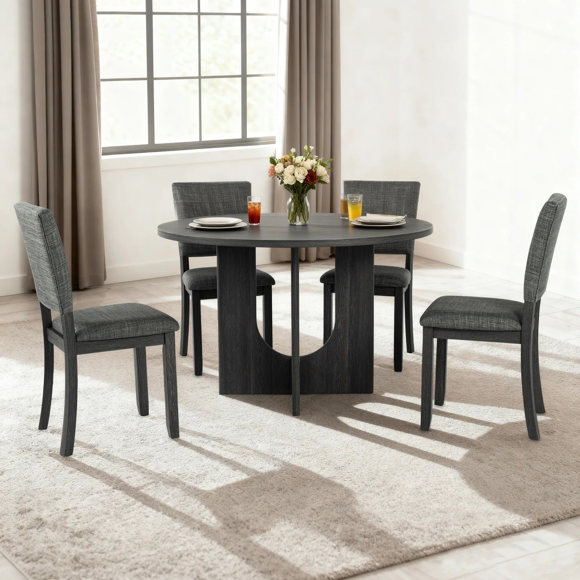 Juego de mesa de comedor de 5 piezas de madera maciza de caucho de 48" de ancho con respaldo de silla en forma de diamante