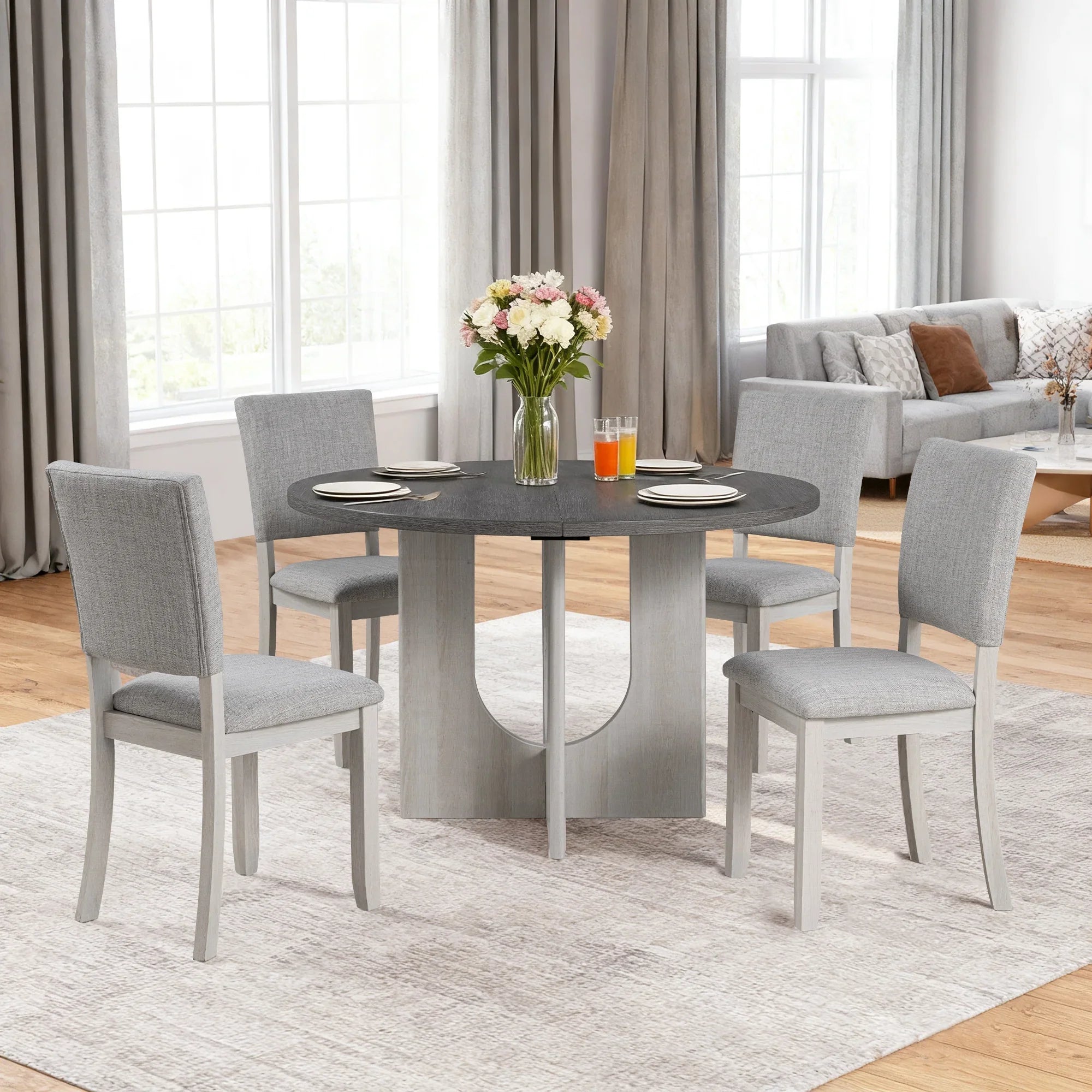 Juego de mesa de comedor de 5 piezas de madera maciza de caucho de 48" de ancho con respaldo de silla en forma de diamante