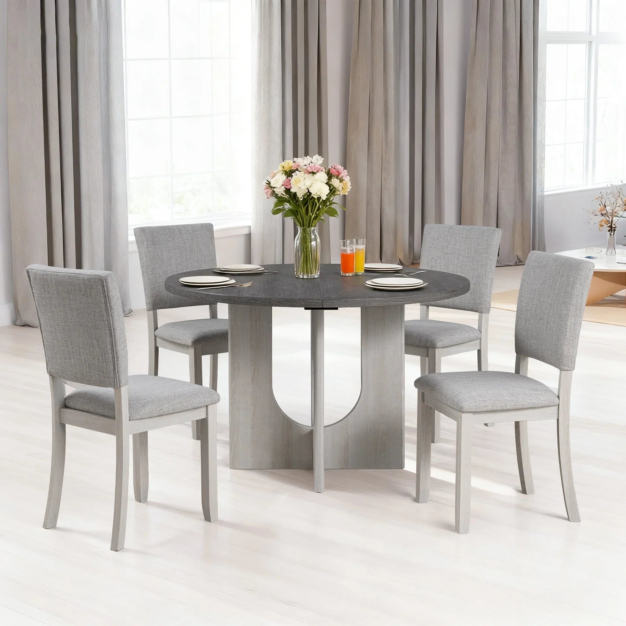 Juego de mesa de comedor de 5 piezas de madera maciza de caucho de 48" de ancho con respaldo de silla en forma de diamante