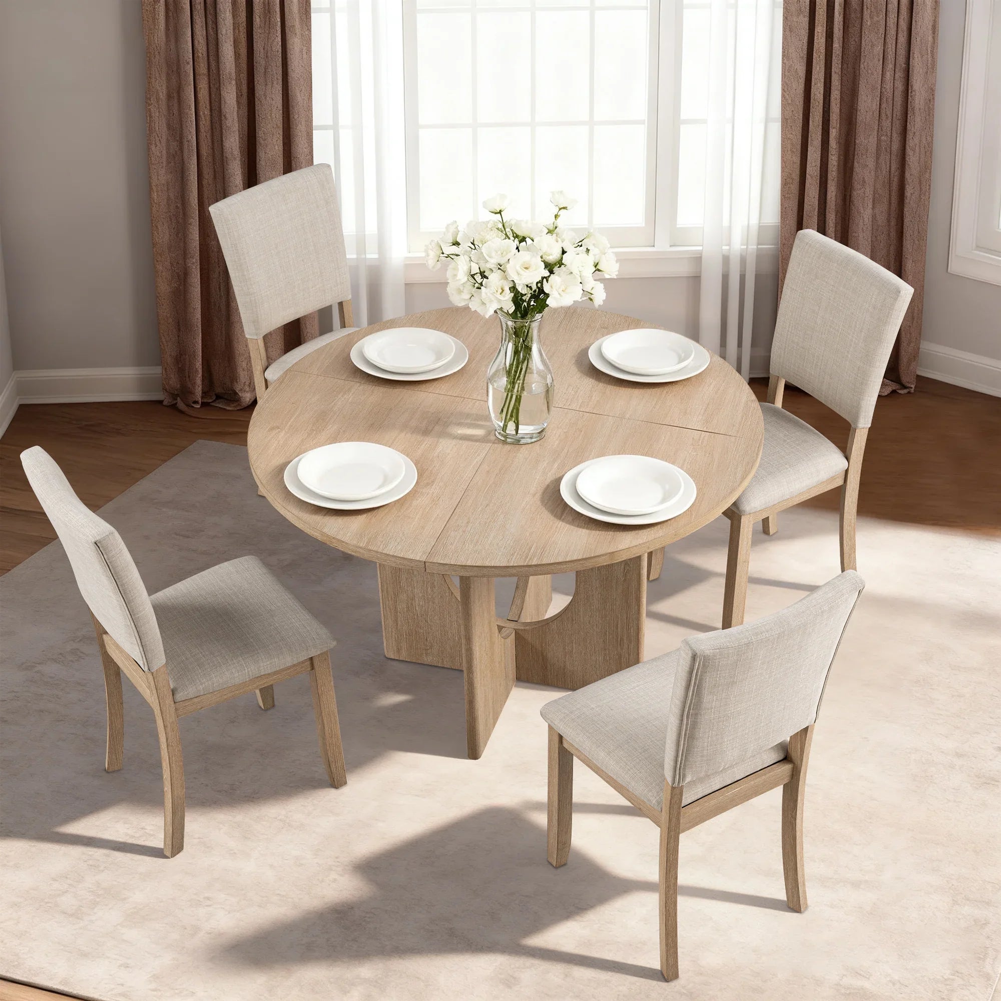 Juego de mesa de comedor de 5 piezas de madera maciza de caucho de 48" de ancho con respaldo de silla en forma de diamante
