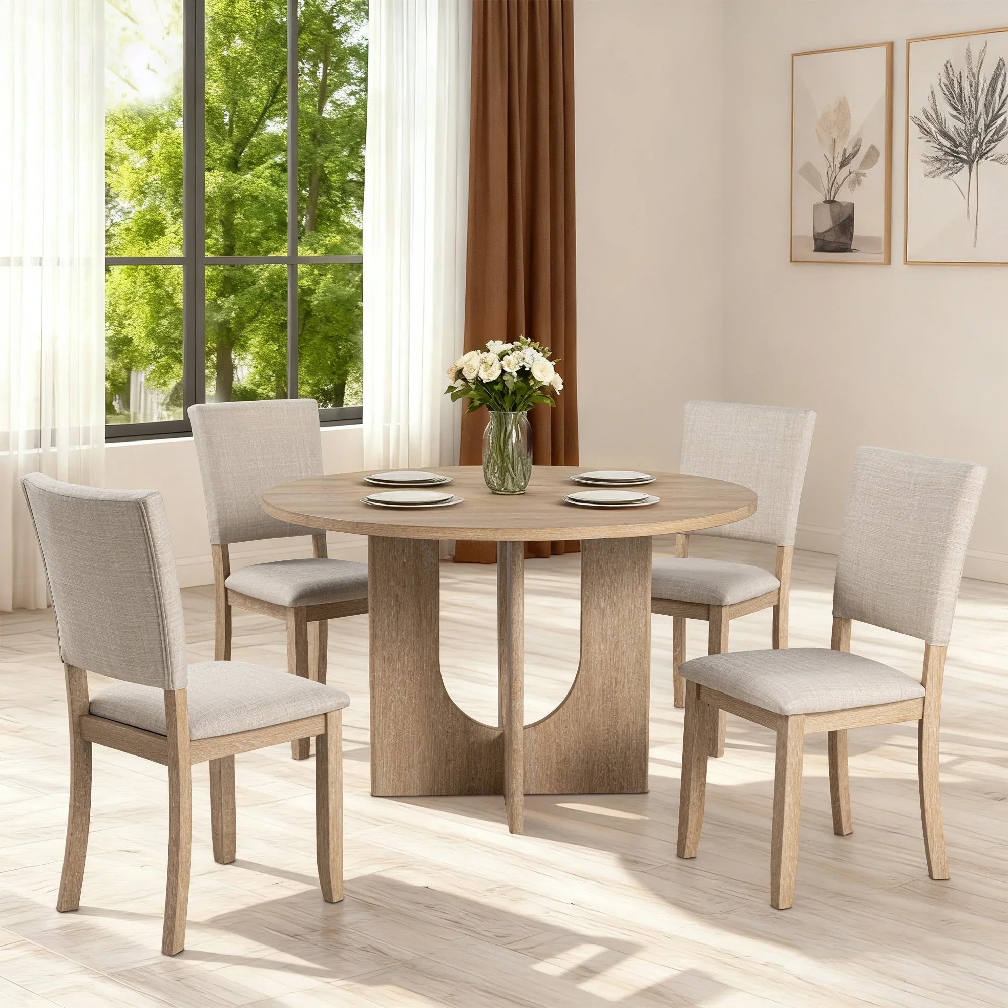Juego de mesa de comedor de 5 piezas de madera maciza de caucho de 48" de ancho con respaldo de silla en forma de diamante